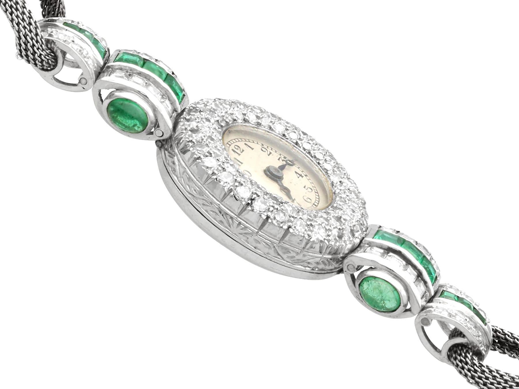 Antique Art Deco 1.25 Carat Emerald 2.02 Carats Diamond Watch in Platinum 1