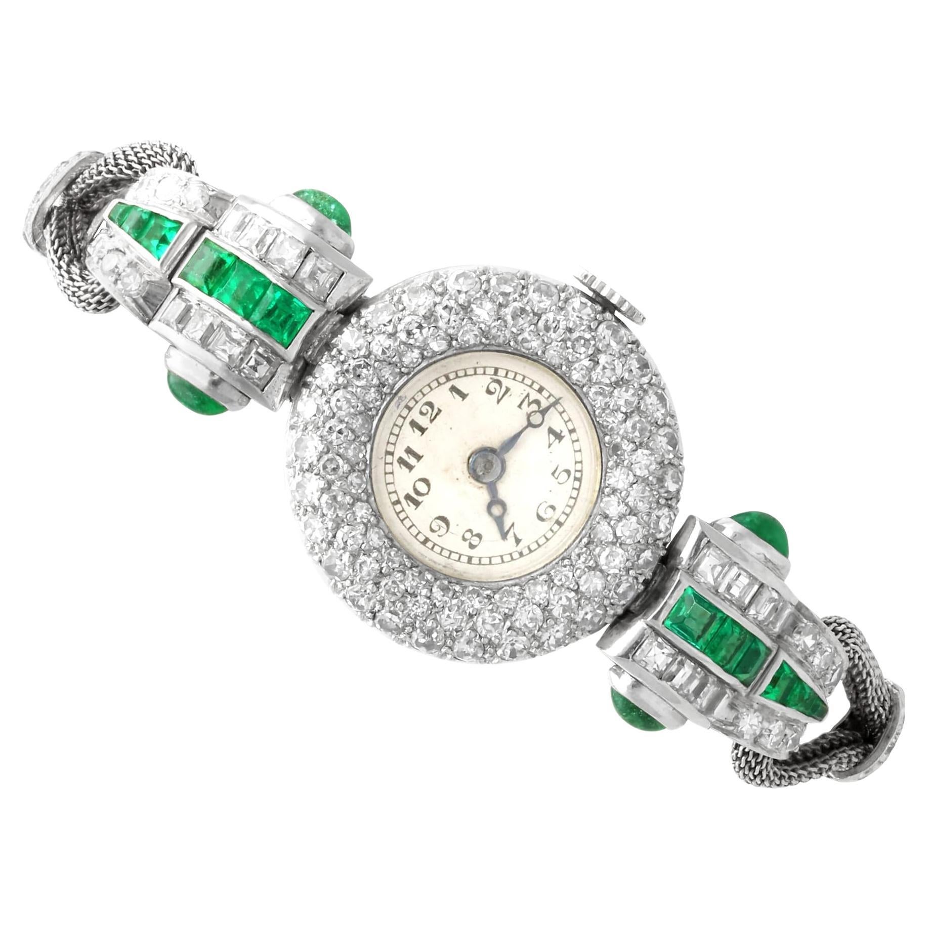 Antique Art Deco 1.25 Carat Emerald 2.02 Carats Diamond Watch in Platinum