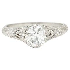 Antique Art Deco 1.27 Carat Old European Diamond Platinum Engagement Floral Ring