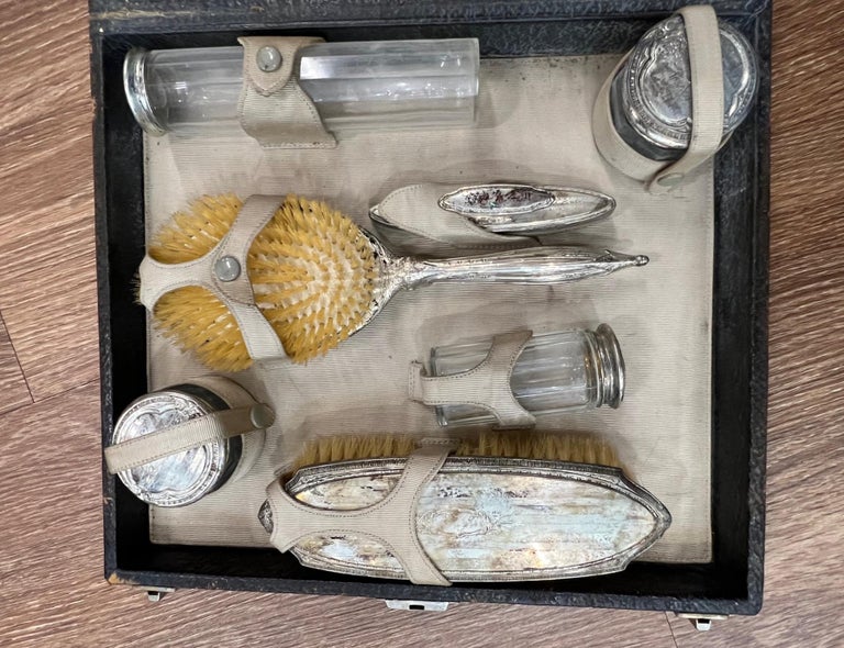 sterling silver vanity dresser set Unger Brothers Sterling Silver 9 Piece Vanity Dresser Set Mirror Brush Jar