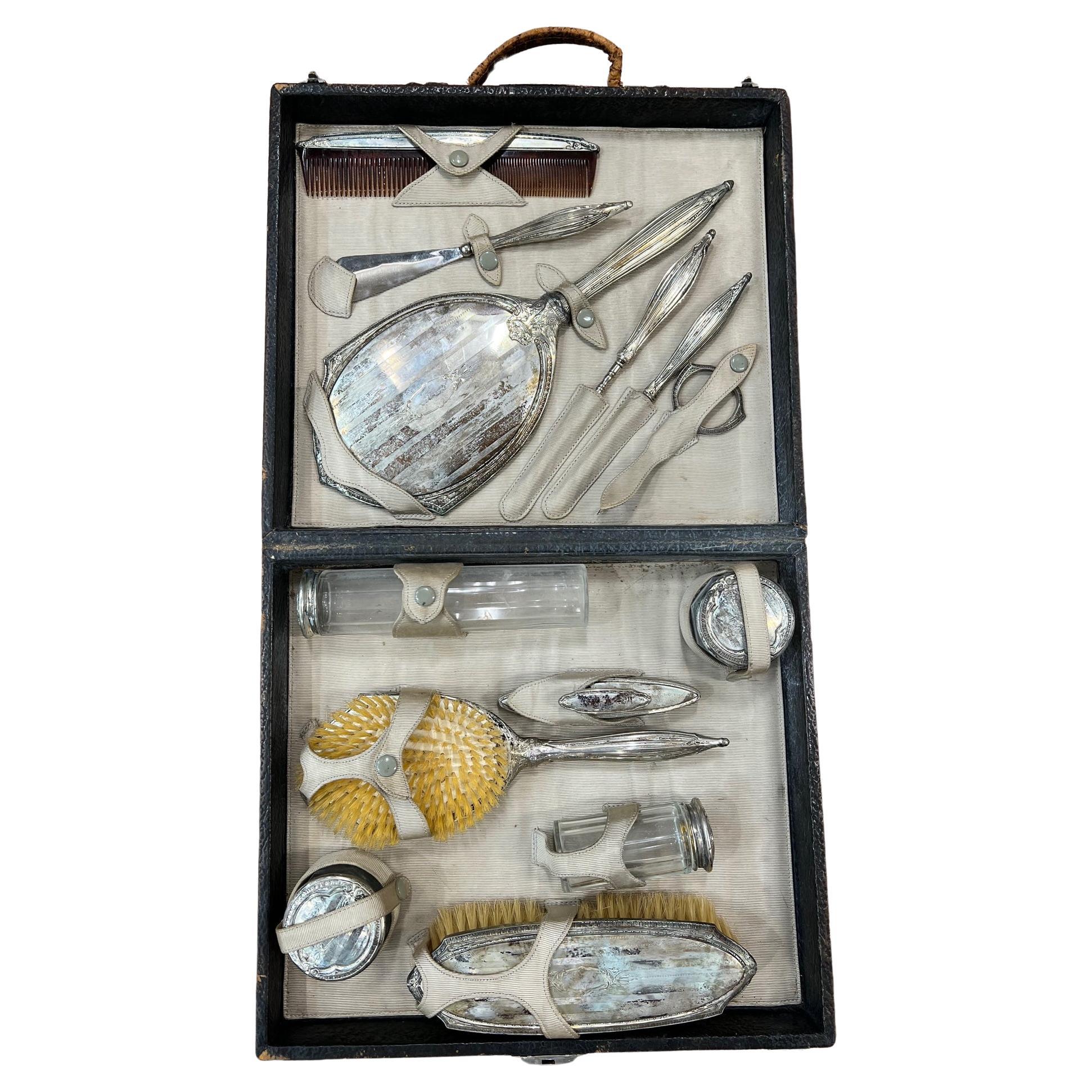 Antique Art Deco 13 Piece Sterling Silver 925 Vanity Dresser Set with Fitted Box For Sale