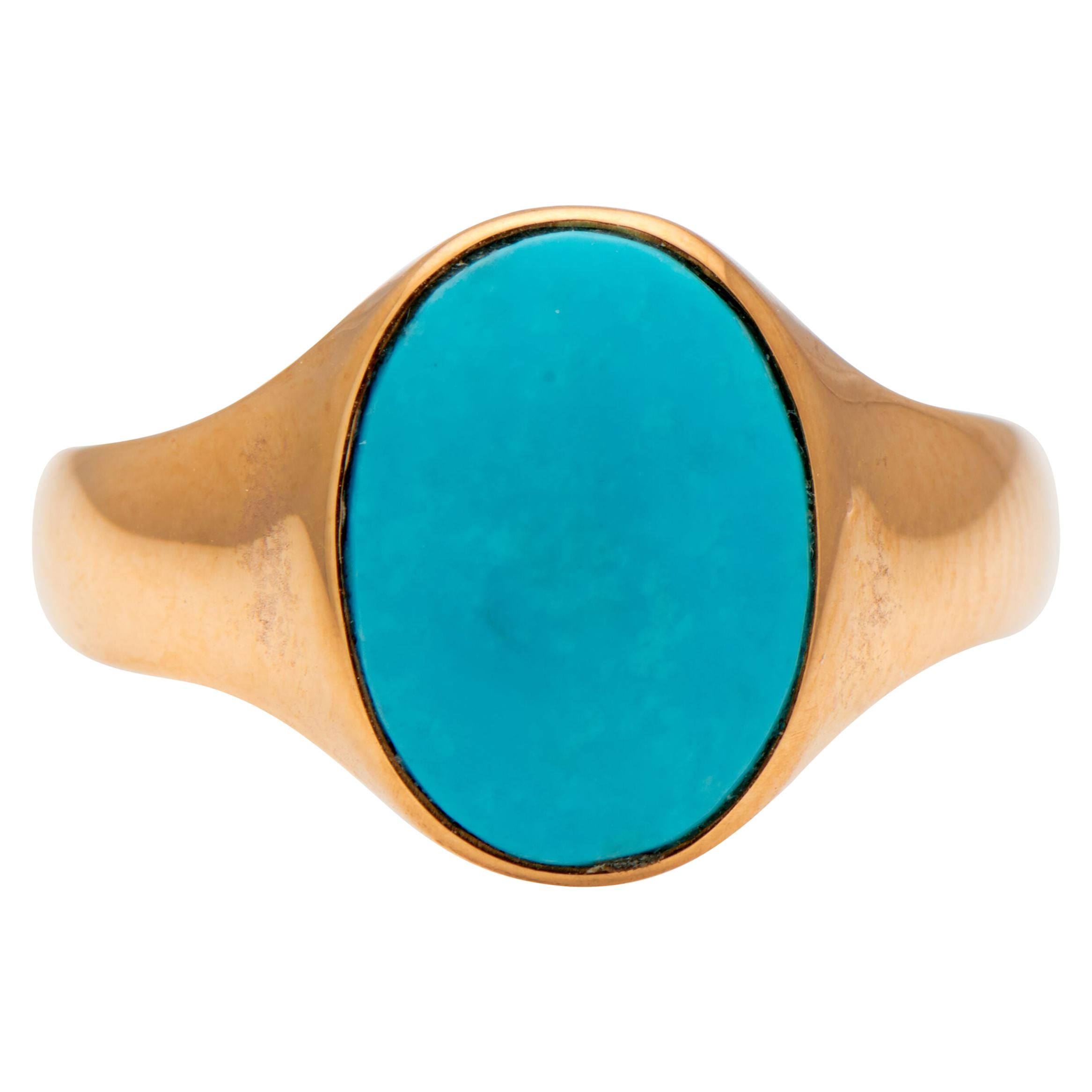 Antique, Art Deco, 14 Carat Yellow Gold, Oval Turquoise Signet Ring