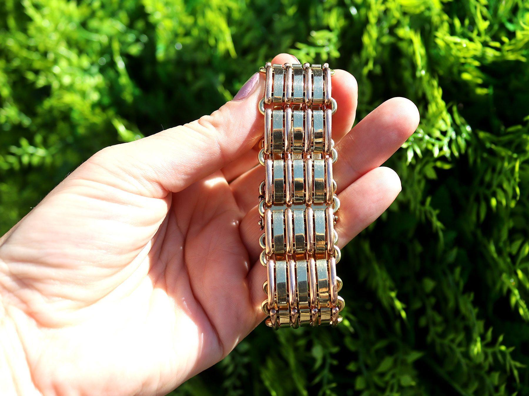 A stunning vintage Art Deco style 14 carat rose gold and 14 carat yellow gold bracelet; part of our diverse Art Deco jewellery and estate jewelry collections

This stunning, fine and impressive rose and yellow gold bracelet has been crafted in 14ct