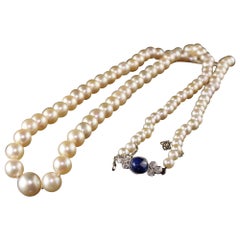 Antique Art Deco 14 Karat Gold Diamond and Sapphire Natural Akoya Pearl Necklace