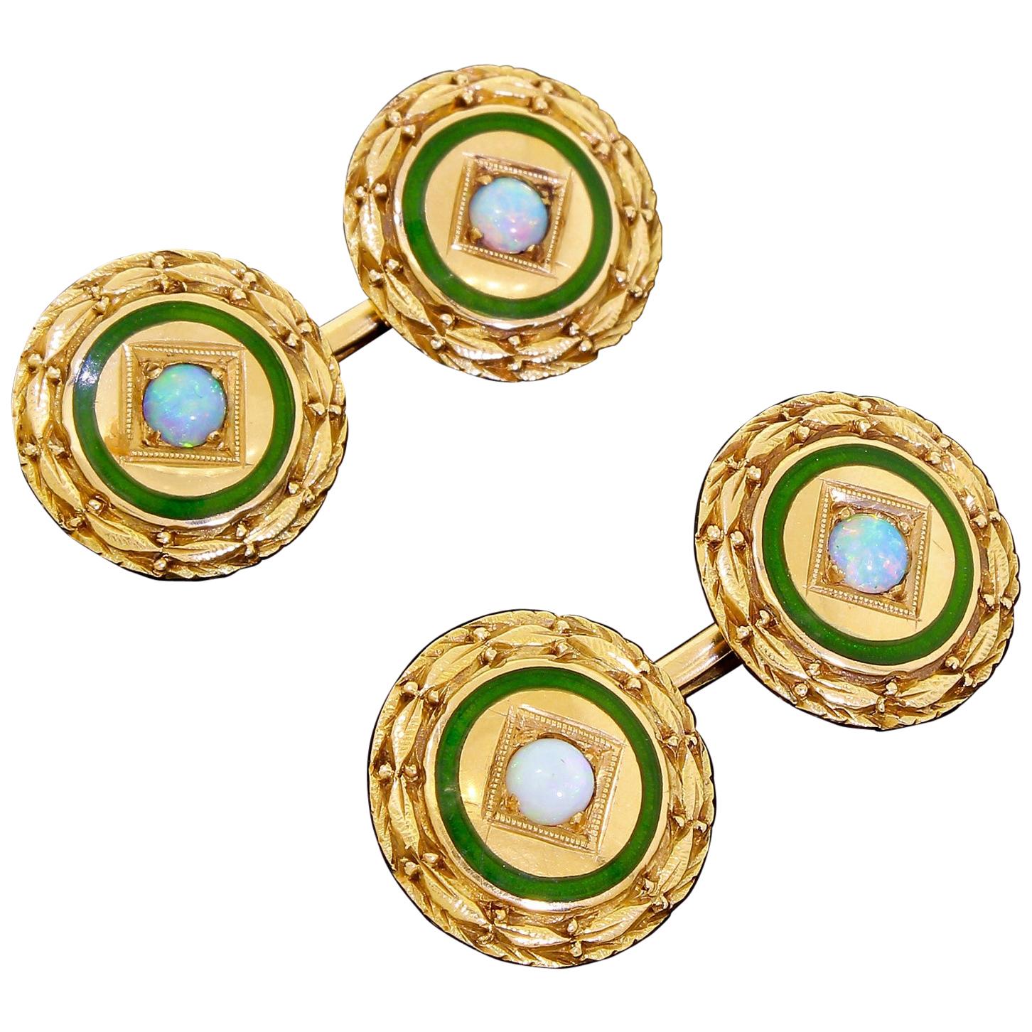 Antique Art Deco 14 Karat Gold Round Cufflinks Fire Opal and Blue Green Enamel