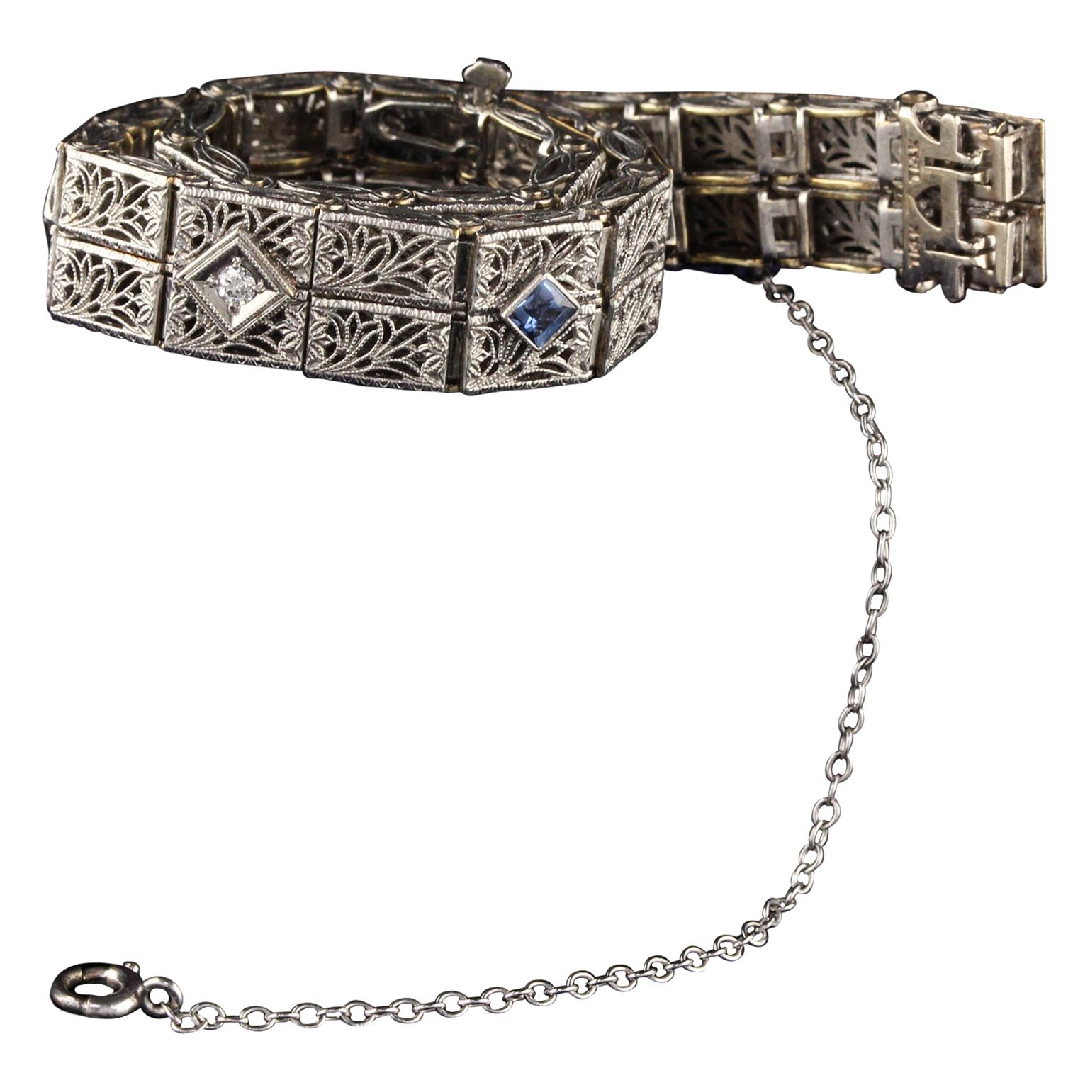 Antique Art Deco 14 Karat White Gold Diamond and Sapphire Bracelet