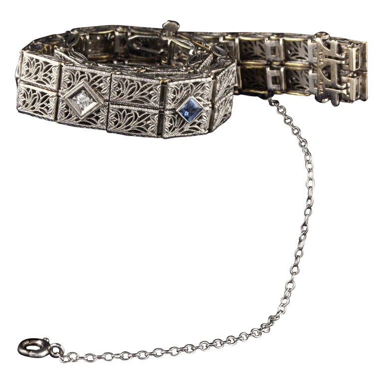 Antique Art Deco 14 Karat White Gold Diamond and Sapphire Bracelet For Sale