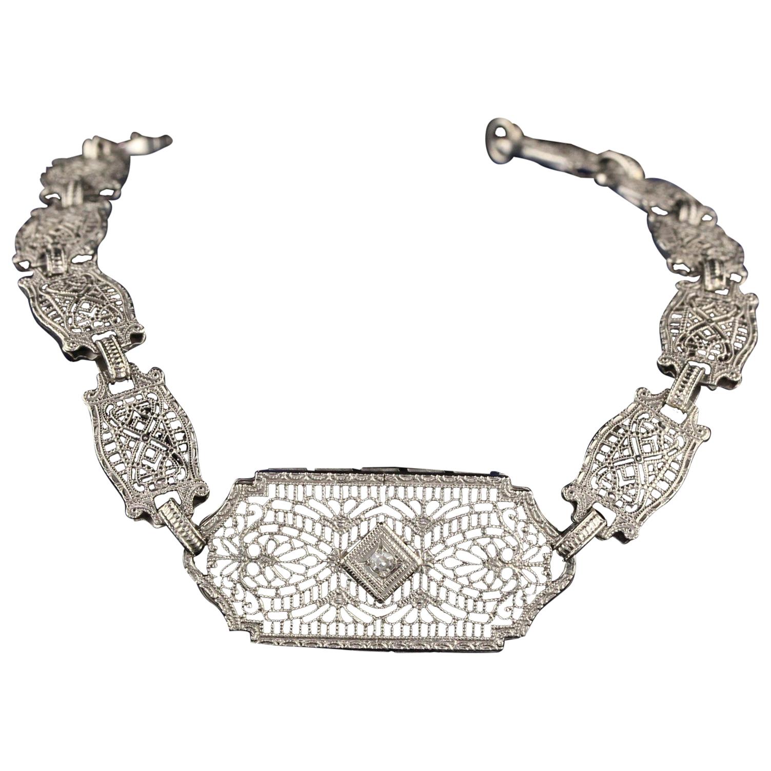 Antique Art Deco 14 Karat White Gold Diamond Bracelet
