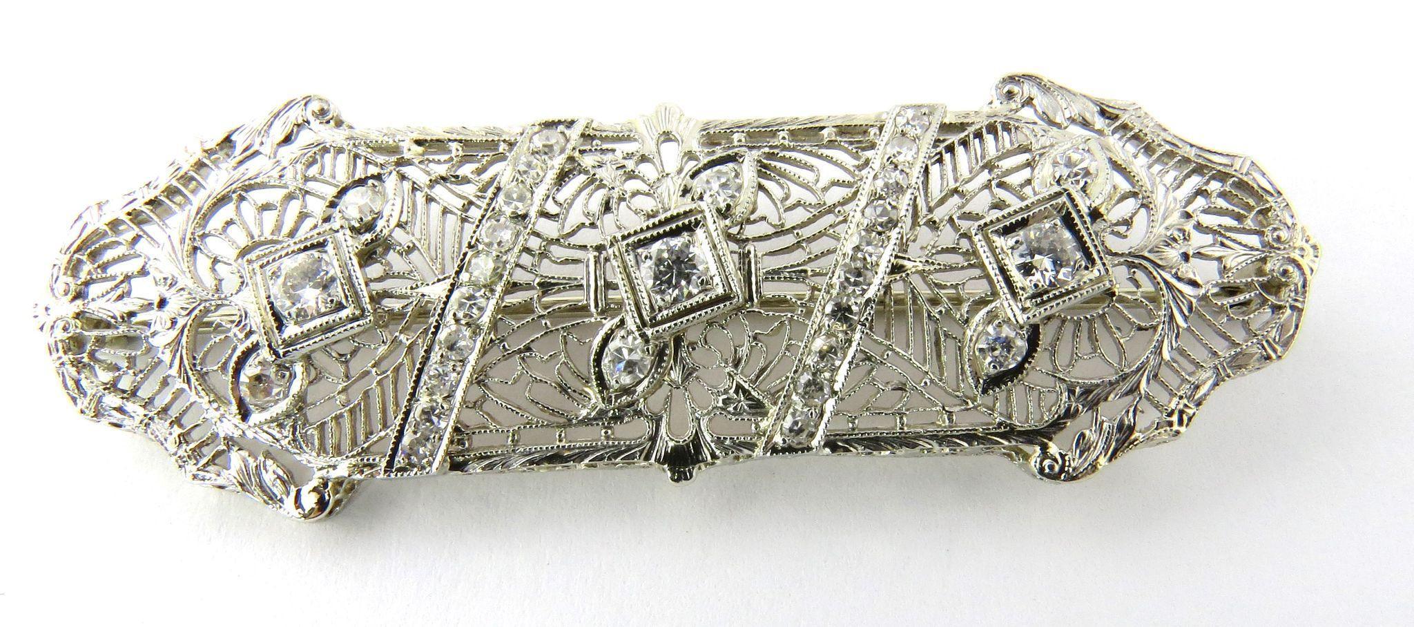 Antique Art Deco 14 Karat White Gold Diamond Filigree Brooch Pin In Excellent Condition In Washington Depot, CT