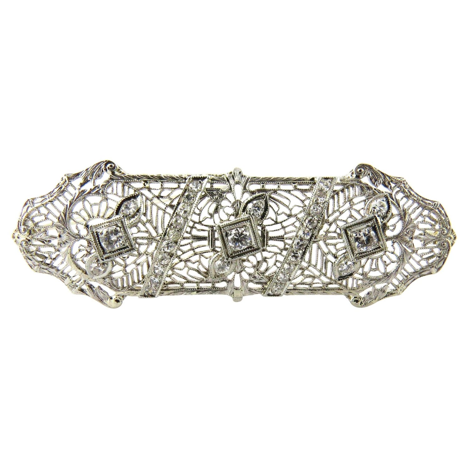 1920s Vintage Filigree 14K White Gold Diamond Pin Brooch with Blue Green  Accents - Timekeepersclayton