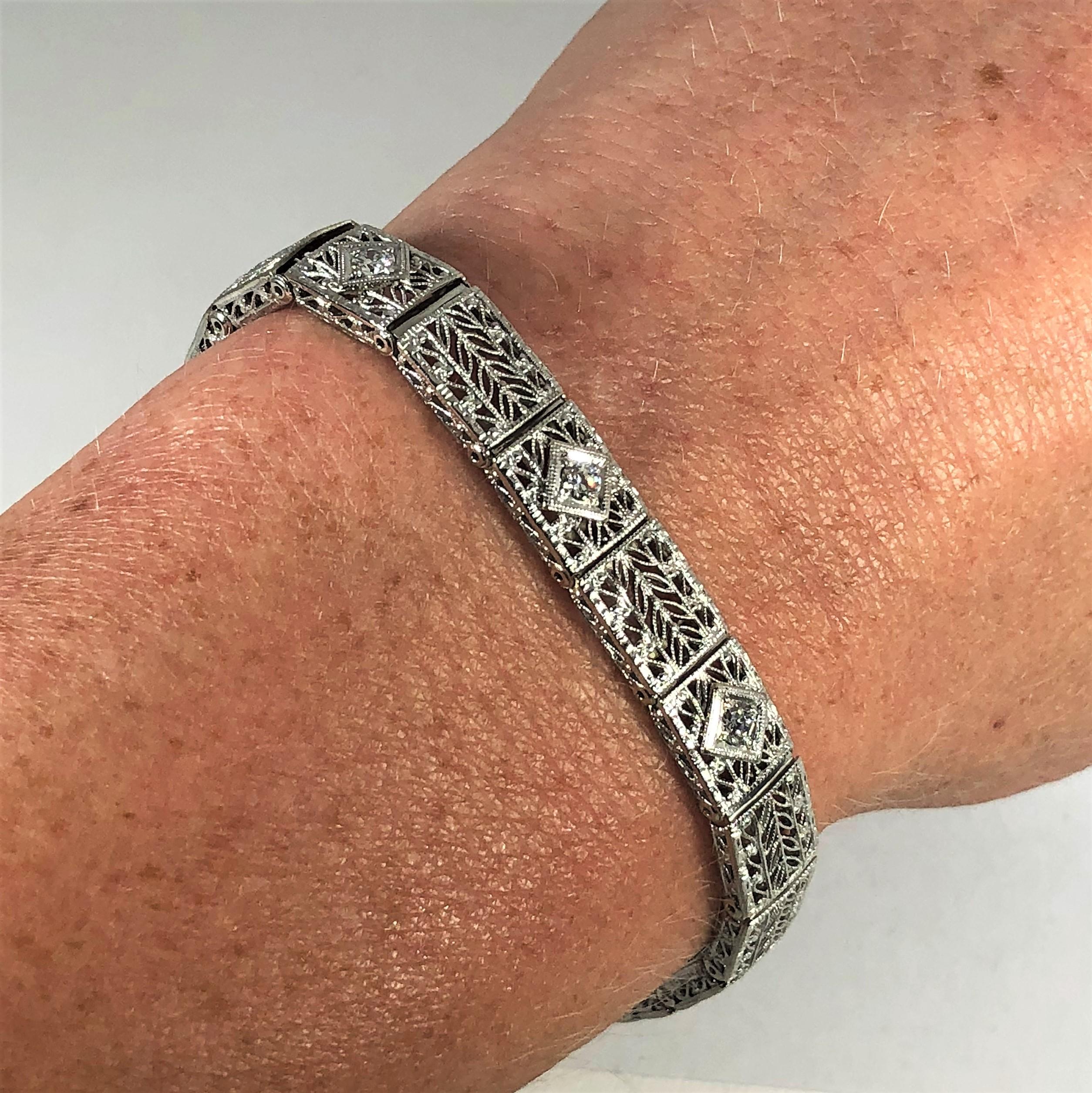 Antique Art Deco 14 Karat White Gold Diamond Three-Stone Filigree Bracelet 5