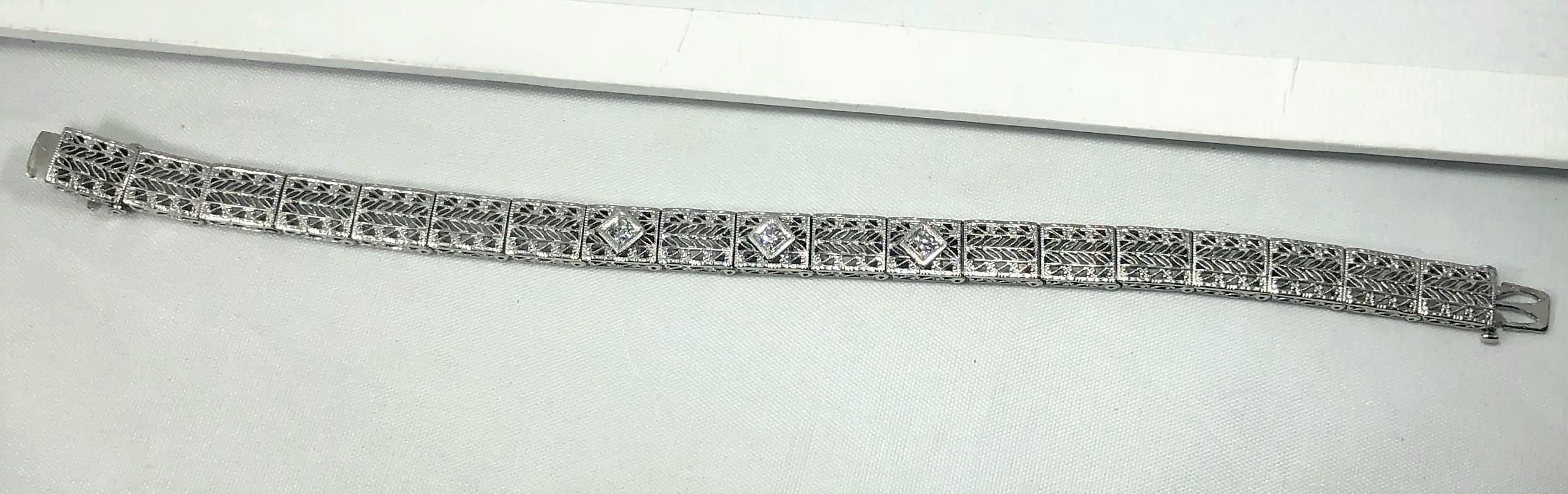 Antique Art Deco 14 Karat White Gold Diamond Three-Stone Filigree Bracelet 7