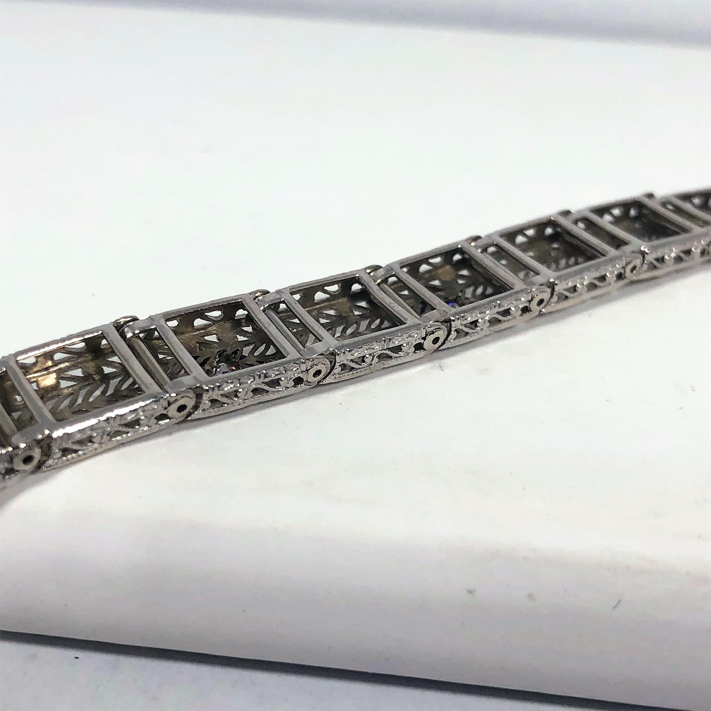 Antique Art Deco 14 Karat White Gold Diamond Three-Stone Filigree Bracelet 8