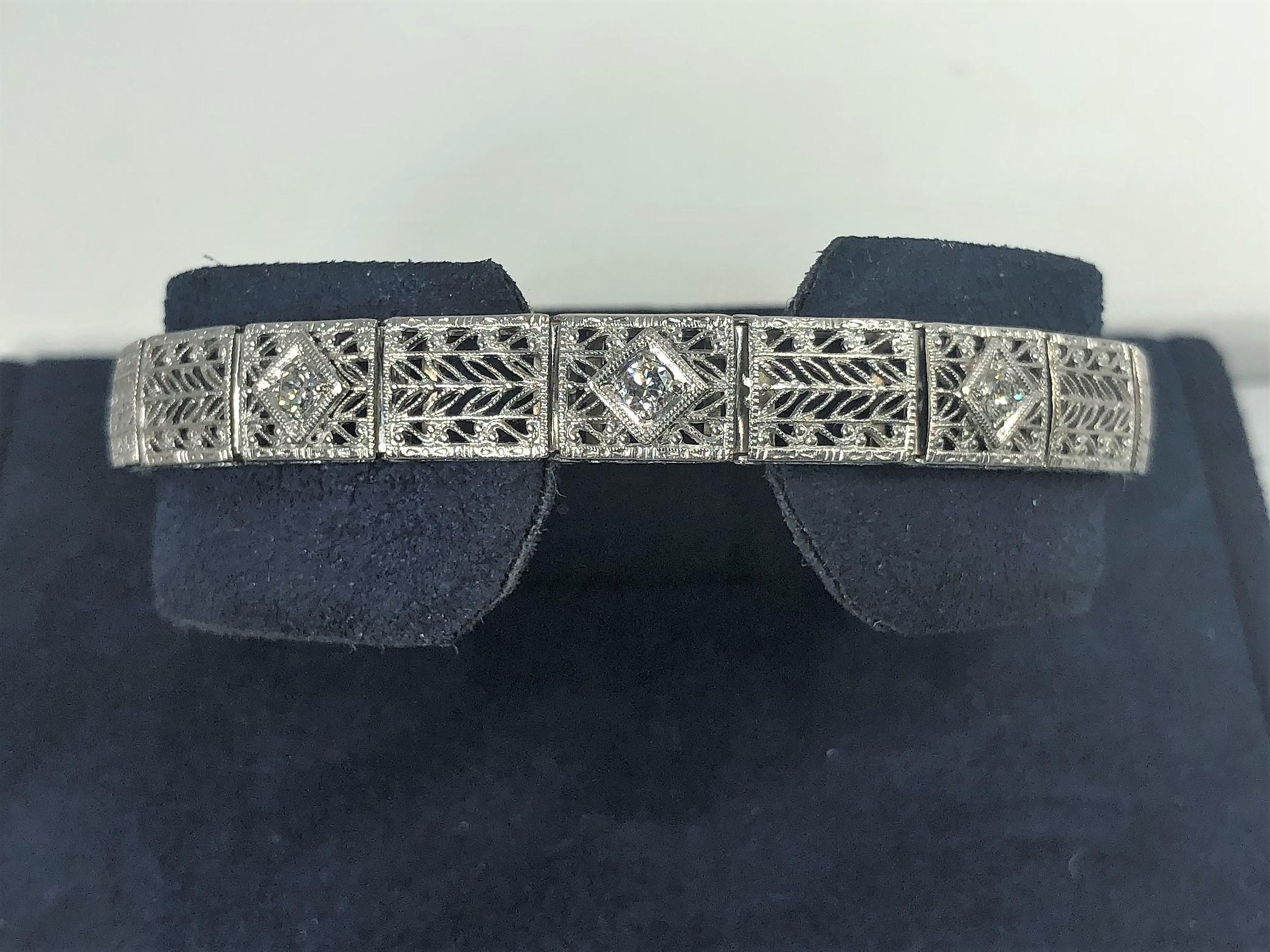 Round Cut Antique Art Deco 14 Karat White Gold Diamond Three-Stone Filigree Bracelet