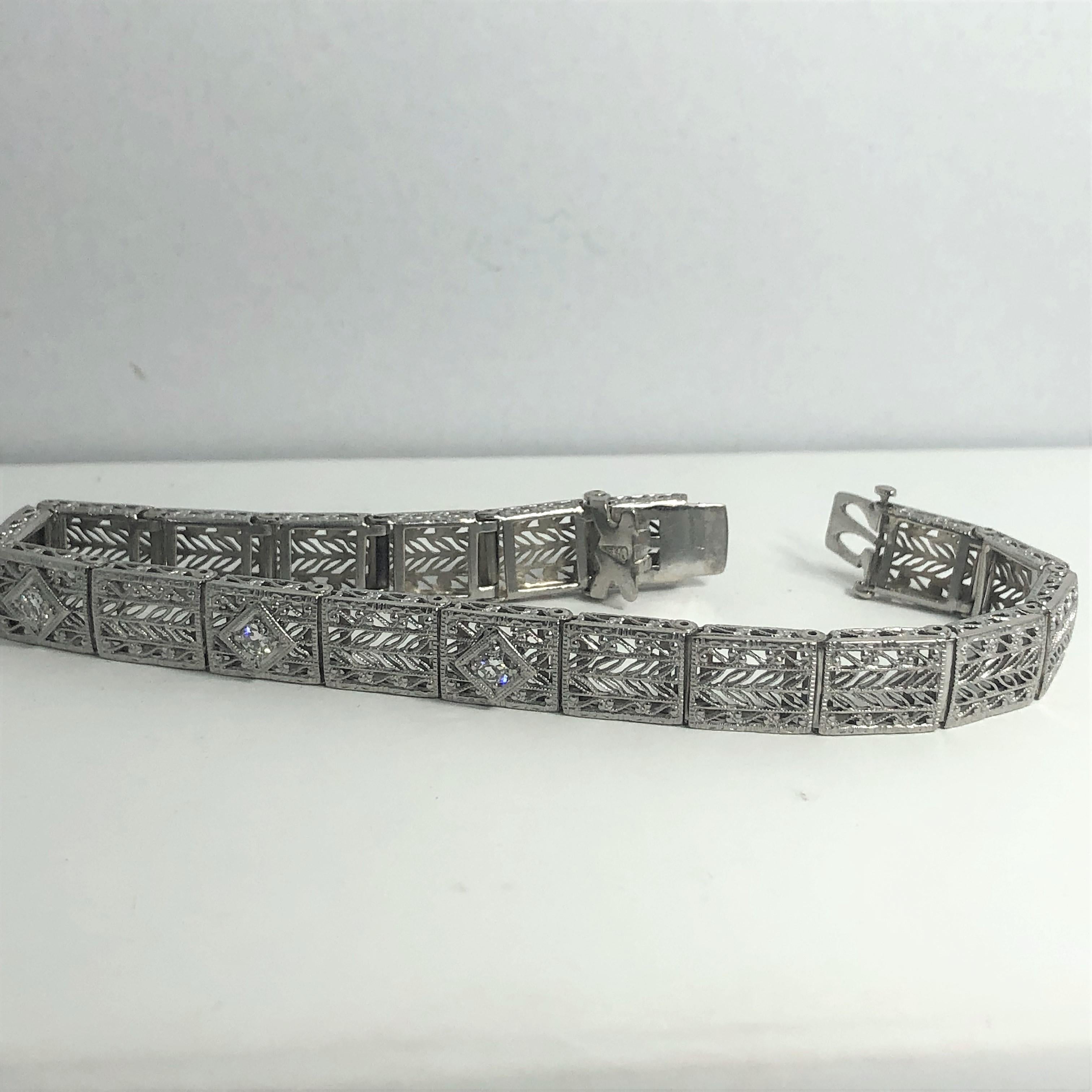 Antique Art Deco 14 Karat White Gold Diamond Three-Stone Filigree Bracelet 1