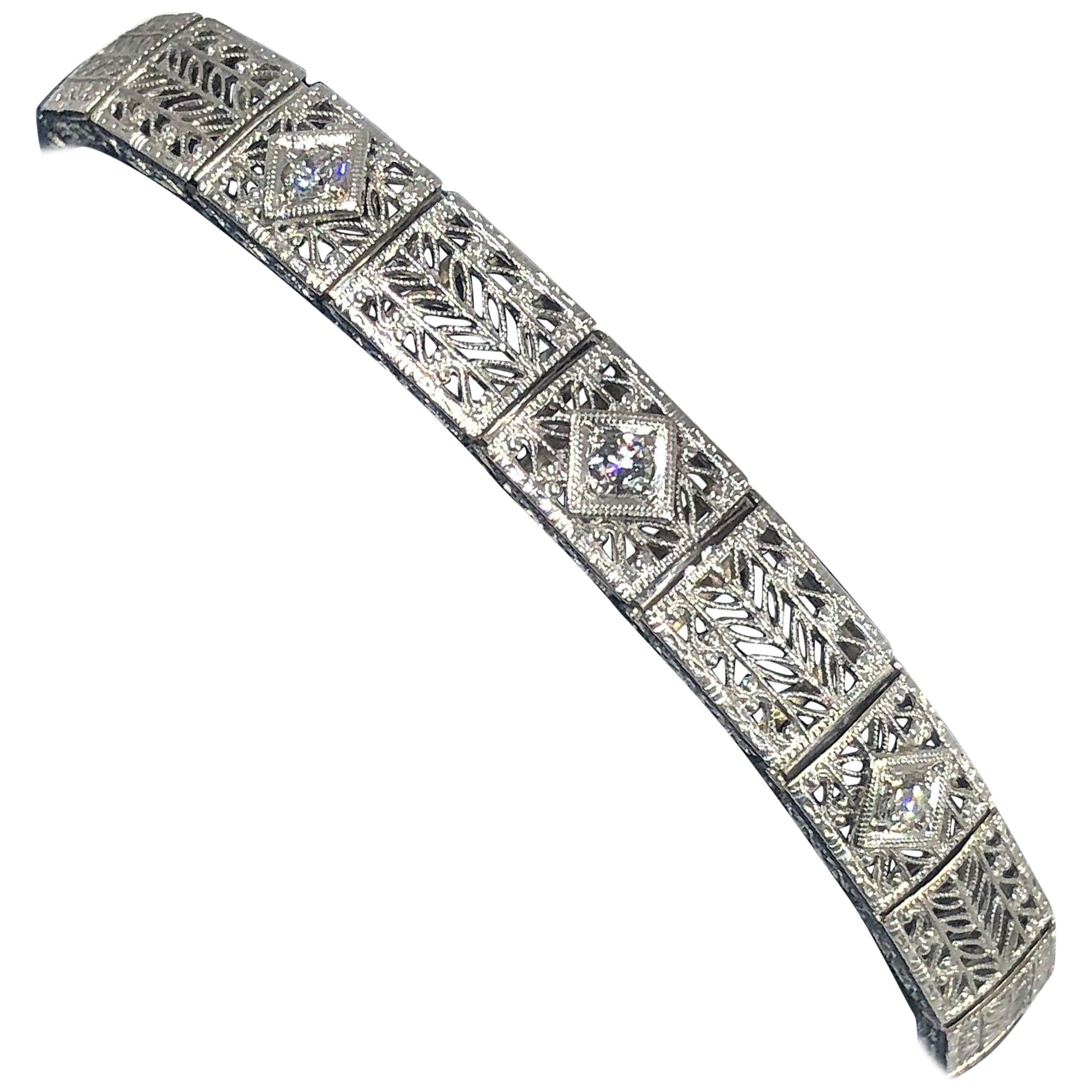 Antique Art Deco 14 Karat White Gold Diamond Three-Stone Filigree Bracelet