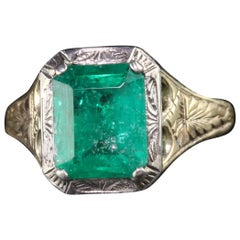Antique Art Deco 14 Karat Yellow Gold Emerald Engagement Ring