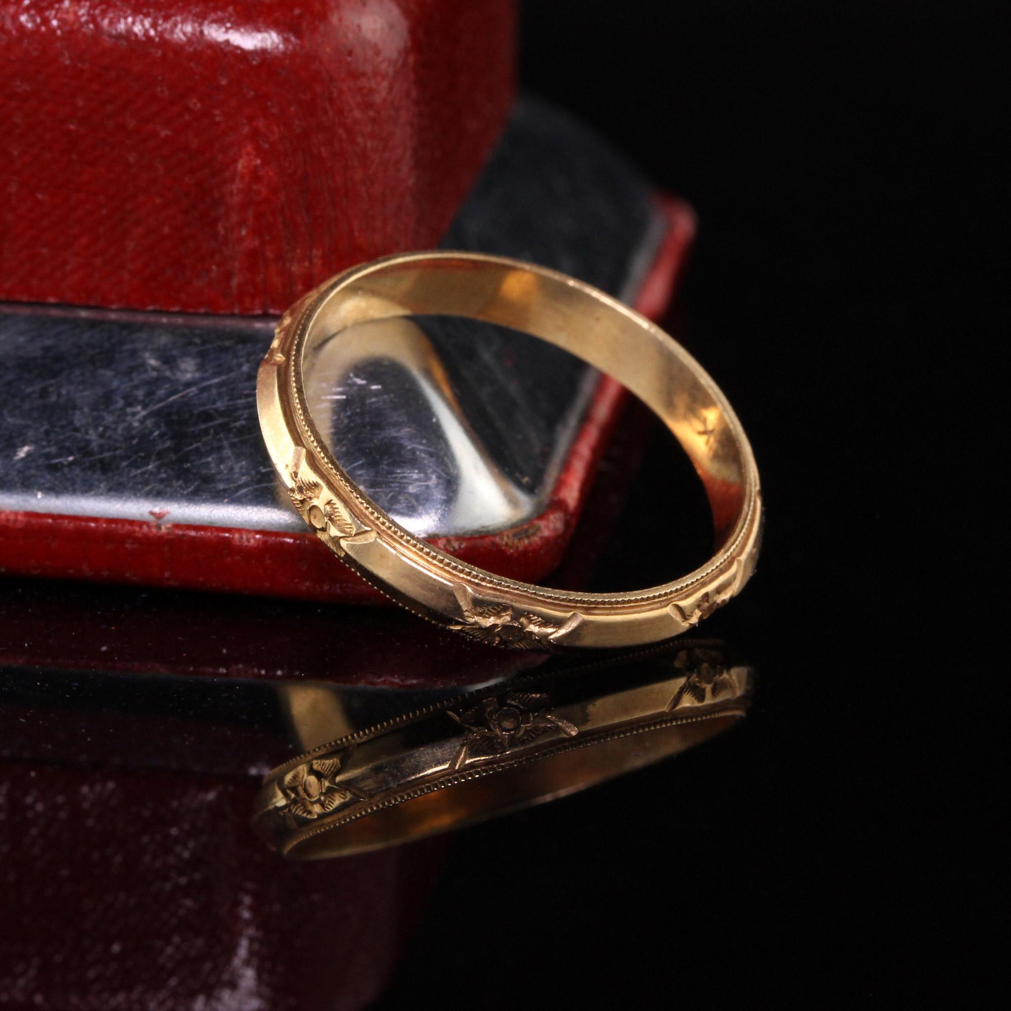 Gorgeous Antique Art Deco 14K Yellow Gold Engraved Wedding Band - Size 9 1/2. This gorgeous pristine wedding band is a new old stock ring that has never been worn before. It has survived 100+ years in a safe and just recently discovered. It is truly
