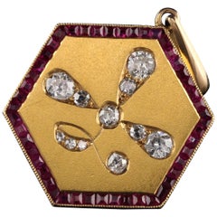 Antique Art Deco 14 Karat Yellow Gold Old Euro Cut Diamond and Ruby Pendant