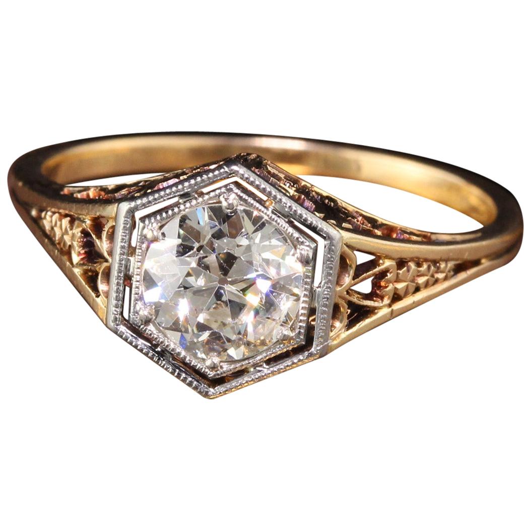 Antique Art Deco 14 Karat Yellow Gold Old European Diamond Engagement Ring