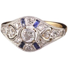 Antique Art Deco 14 Karat Yellow Gold Platinum Diamond and Sapphire Ring
