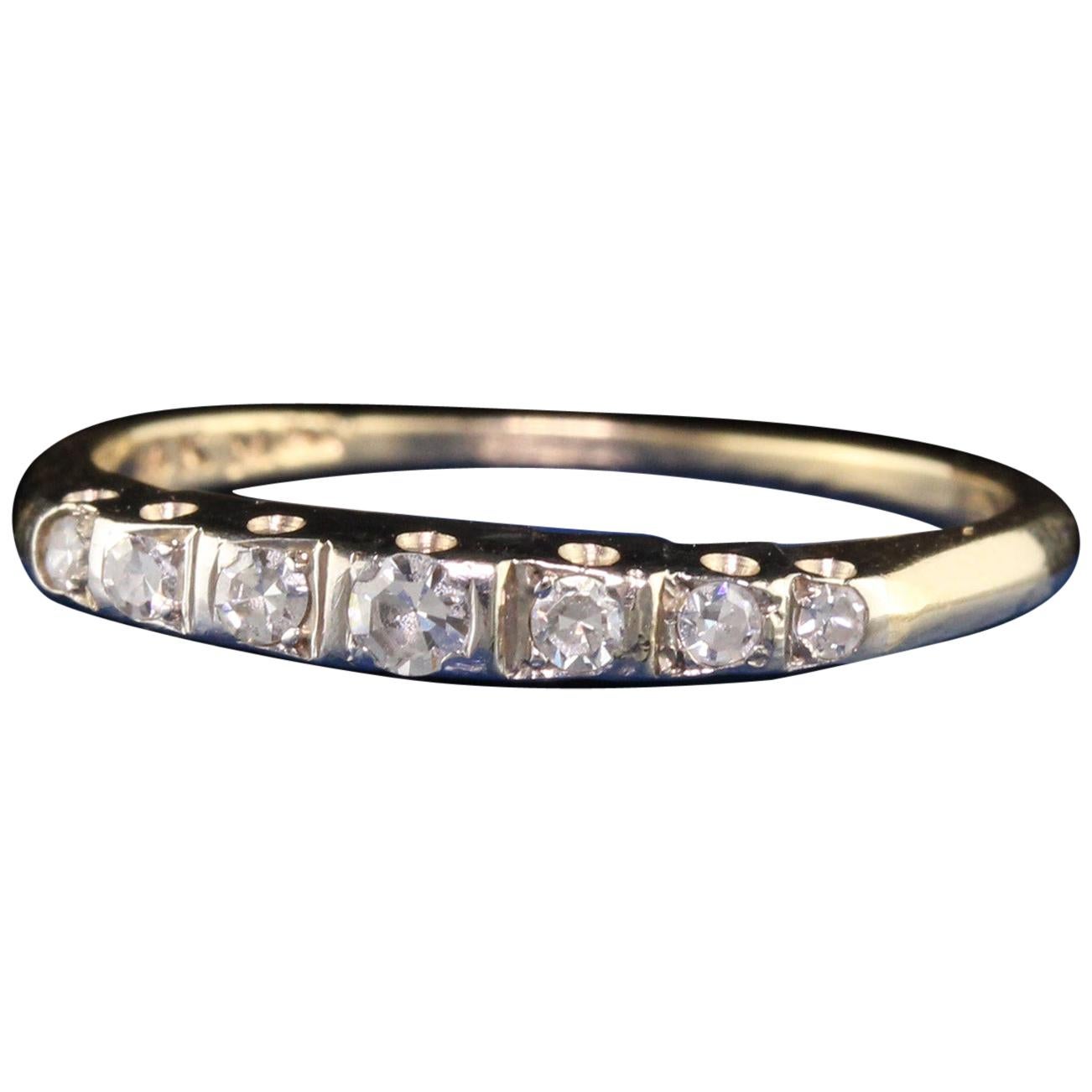 Alianza de boda vintage retro de oro amarillo de 14 quilates con diamante talla única
