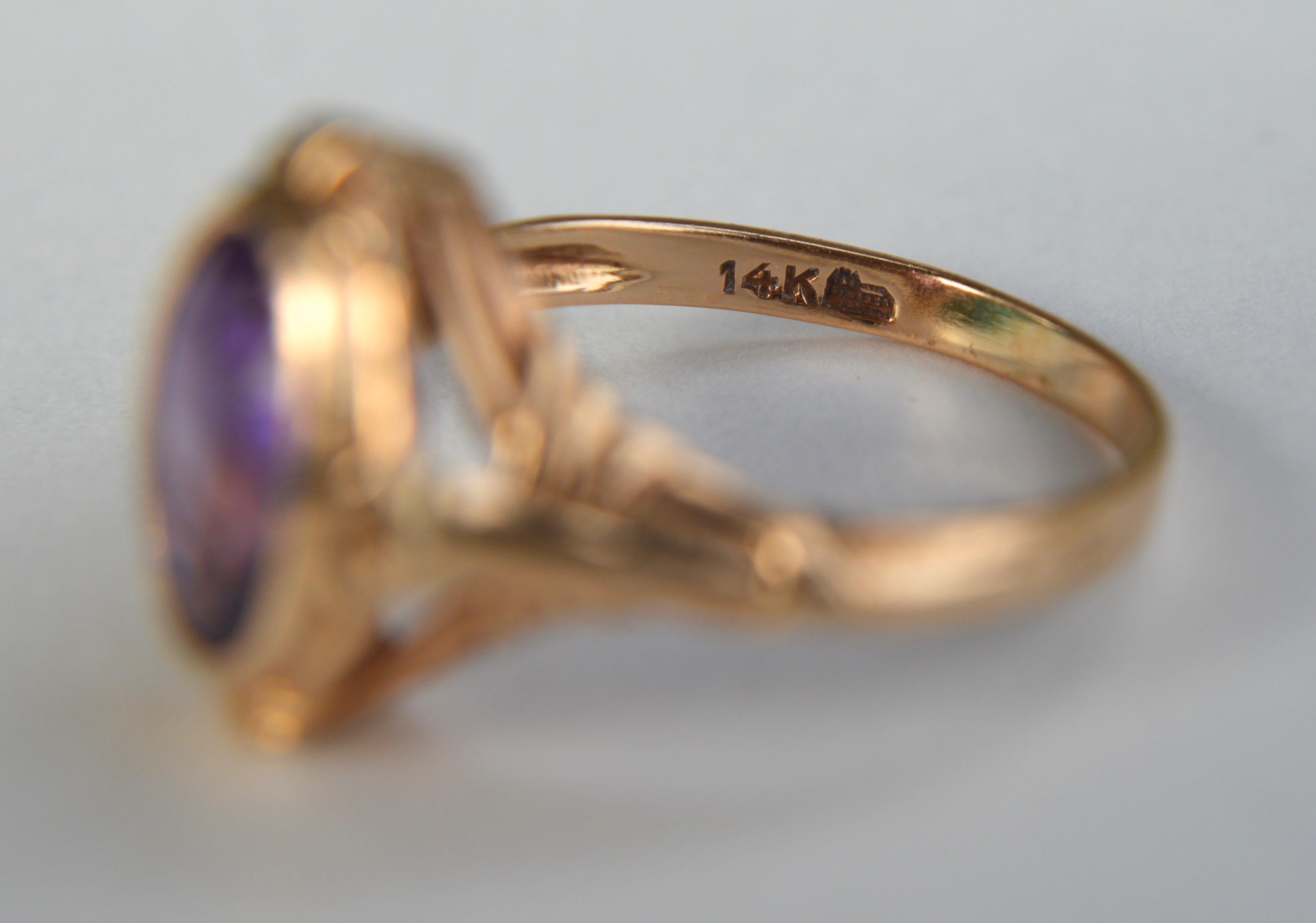 Antique Art Deco 1.41 Carat Amethyst 14 Karat Rose Gold Engagement Ring im Zustand „Gut“ in Crownsville, MD