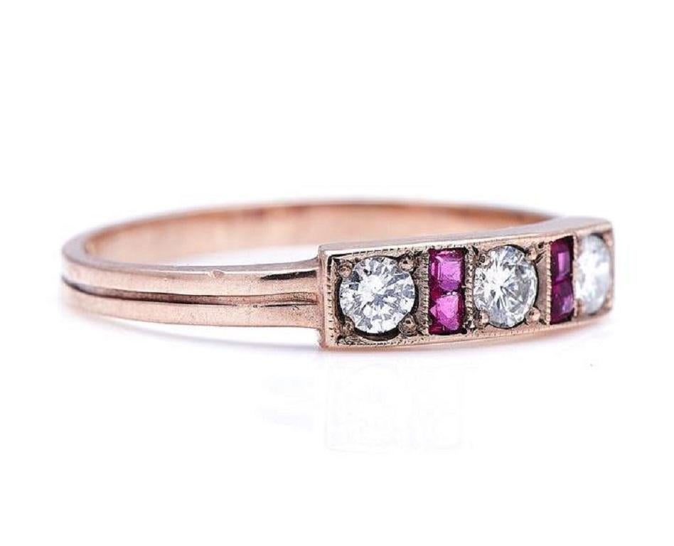 Ruby and diamond ring, circa 1920. This sleek ruby and diamond ring is an excellent choice for a standalone ring, or part of a ring stack, as its streamlined sides will sit perfectly alongside a wedding band. Set with a trilogy of brilliant-cut