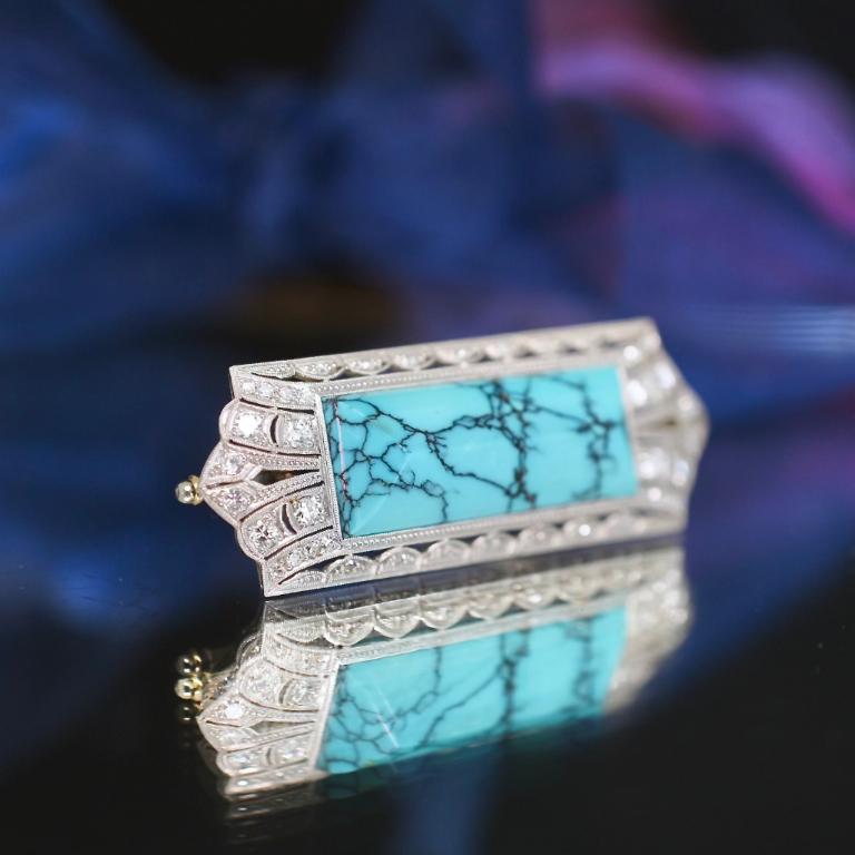 Antique Art Deco 14ct White Gold Turquoise And Diamond Brooch Circa 1925 In Excellent Condition For Sale In NEW TOWN, AU