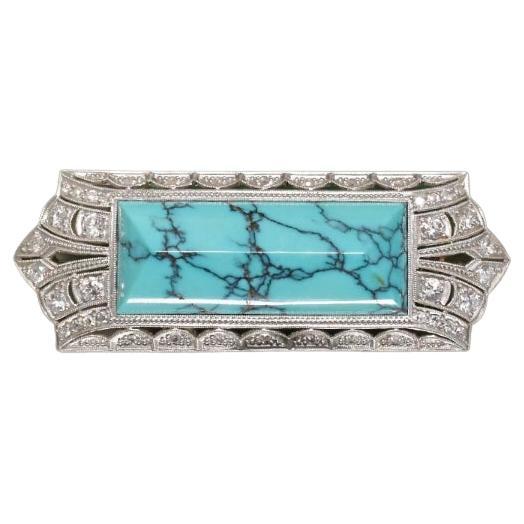 Antique Art Deco 14ct White Gold Turquoise And Diamond Brooch Circa 1925 For Sale