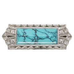 Antique Art Deco 14ct White Gold Turquoise And Diamond Brooch Circa 1925