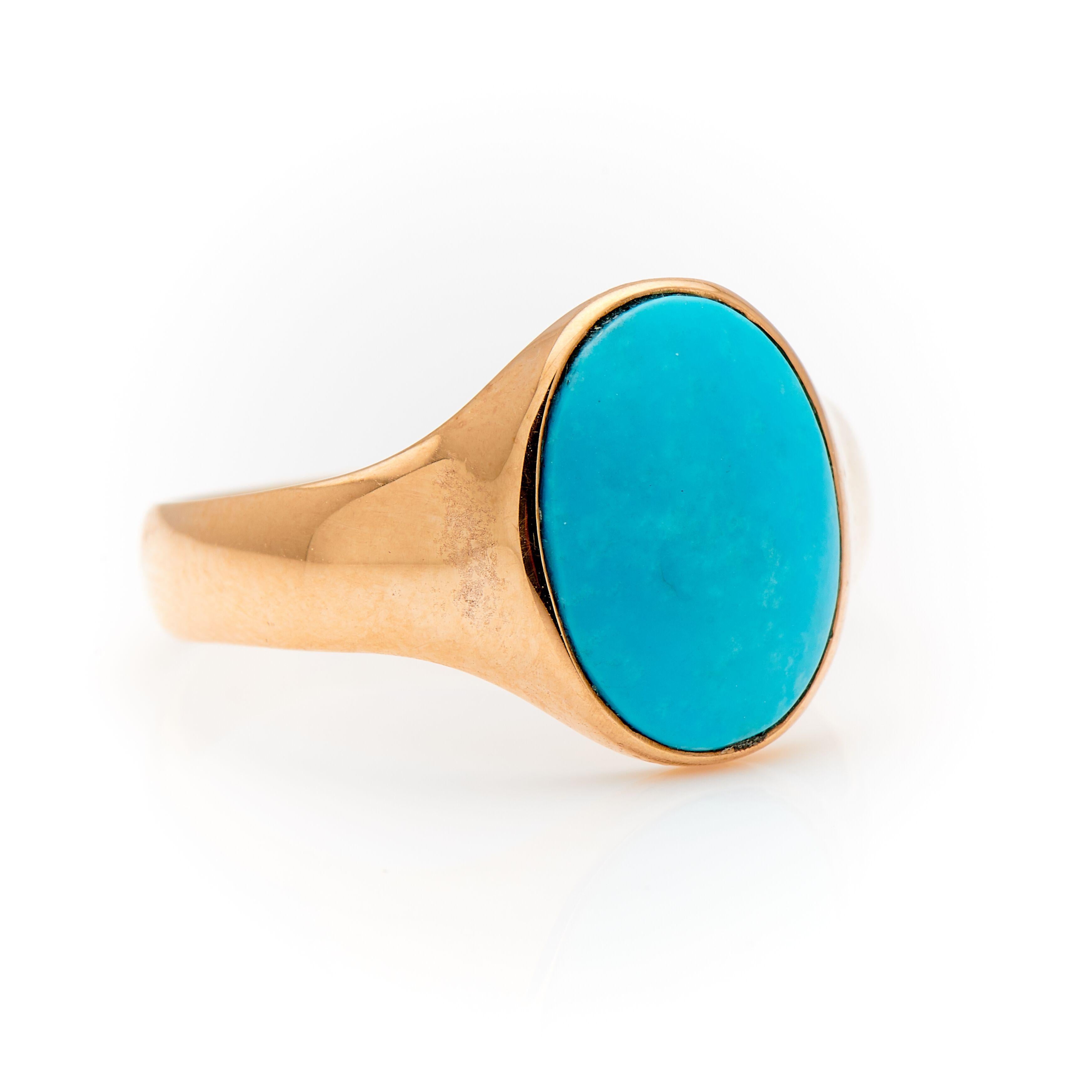 Art Deco, turquoise signet ring, circa 1925. This is a beautifully simple ring. A stunning piece of natural turquoise of robin-egg blue hue is set centre in a plain gold rub-over style setting. This ring is so easy to wear, as it sits flat on the