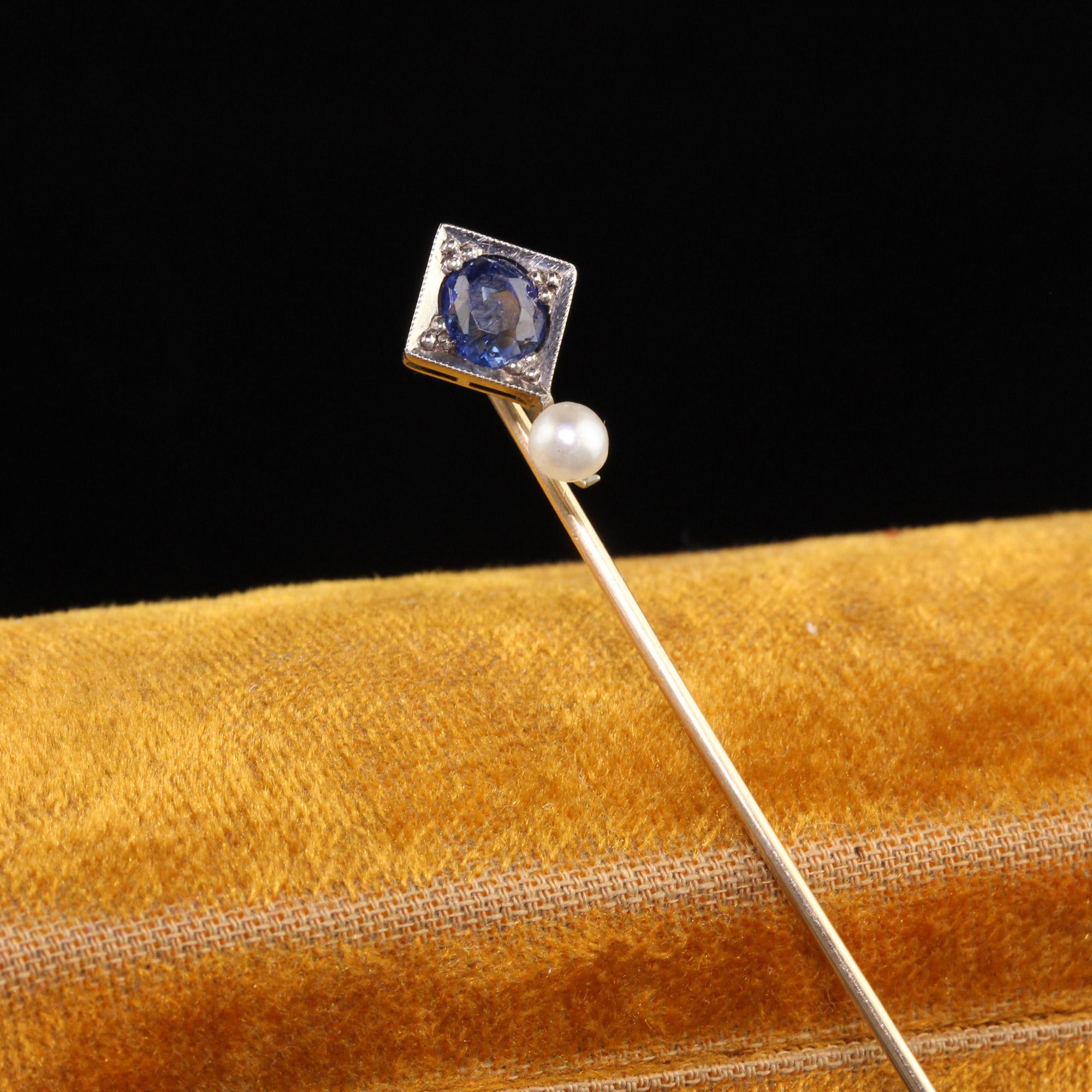 Beautiful Antique Art Deco 14K/18K Two Tone Gold Ceylon Sapphire and Pearl Stick Pin - GIA. This beautiful stick pin is crafted in 14k yellow gold and 18k white gold where the sapphire and pearl are set. The pin has a ceylon sapphire that has not