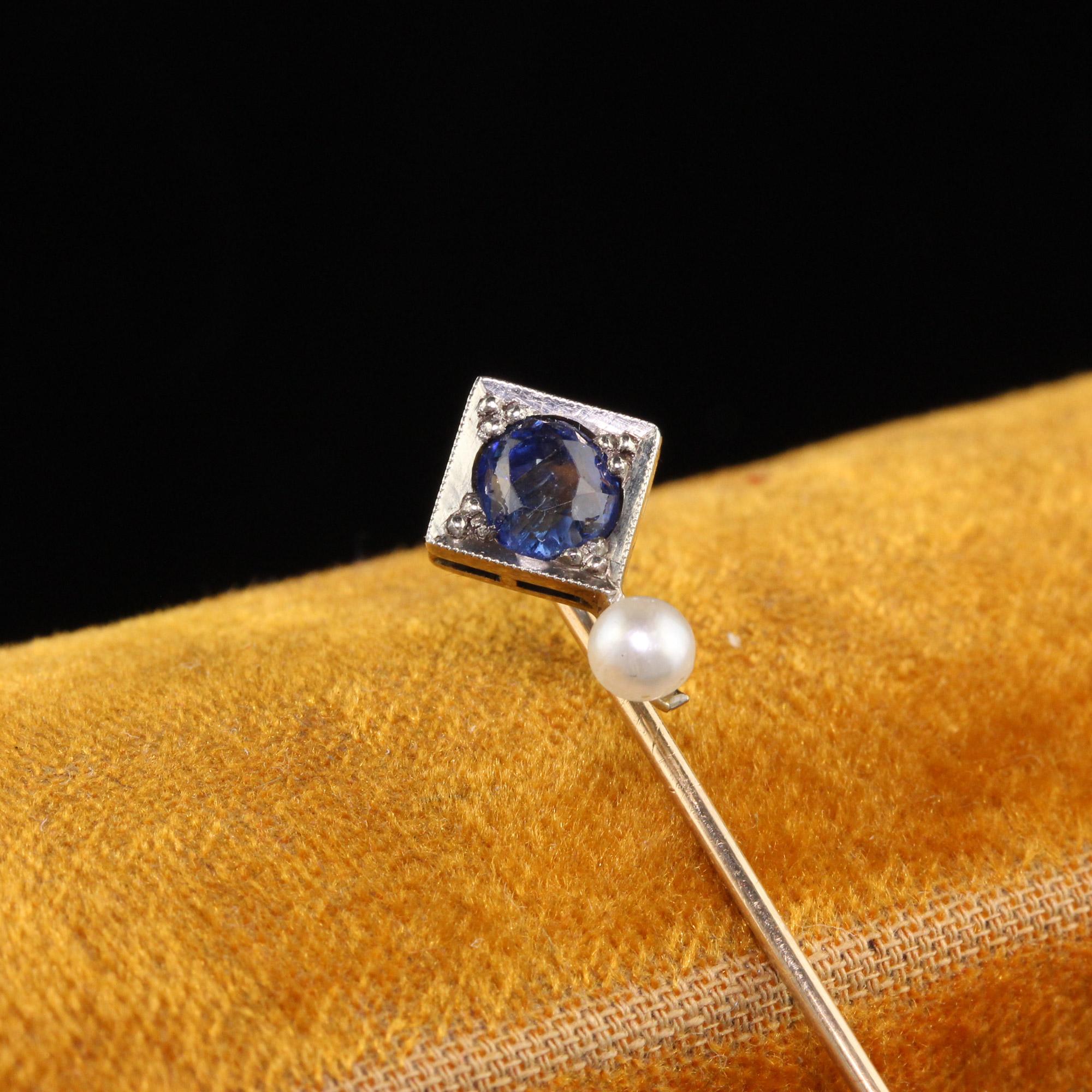 Old Mine Cut Antique Art Deco 14K/18K Two Tone Gold Ceylon Sapphire and Pearl Stick Pin, GIA For Sale