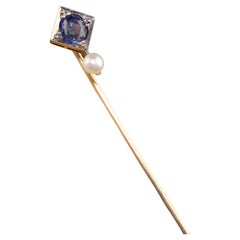 Antique Art Deco 14K/18K Two Tone Gold Ceylon Sapphire and Pearl Stick Pin, GIA