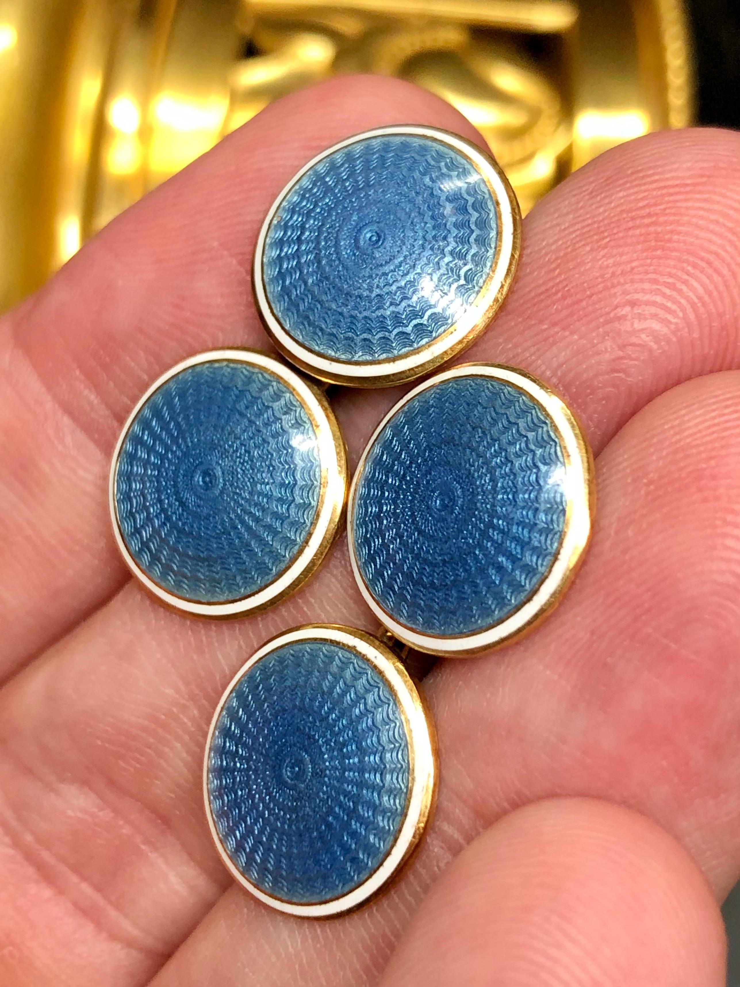 Antique Art Deco 14K Blue Guilloché Enamel Round Cufflinks  For Sale 1