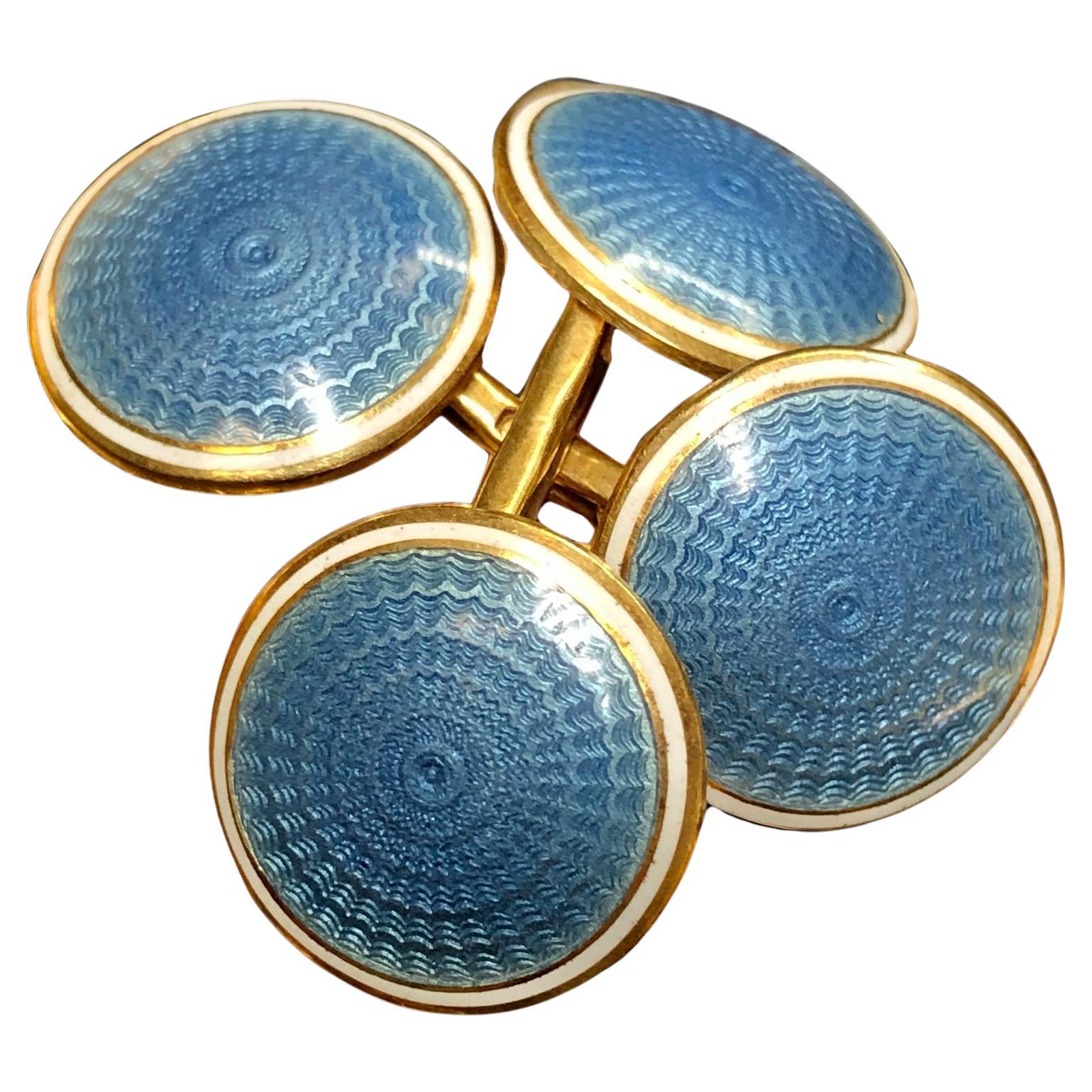 Boutons de manchette ronds en émail guilloché bleu 14K Antiques Art Deco
