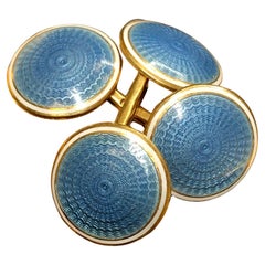 Antique Art Deco 14K Blue Guilloché Enamel Round Cufflinks