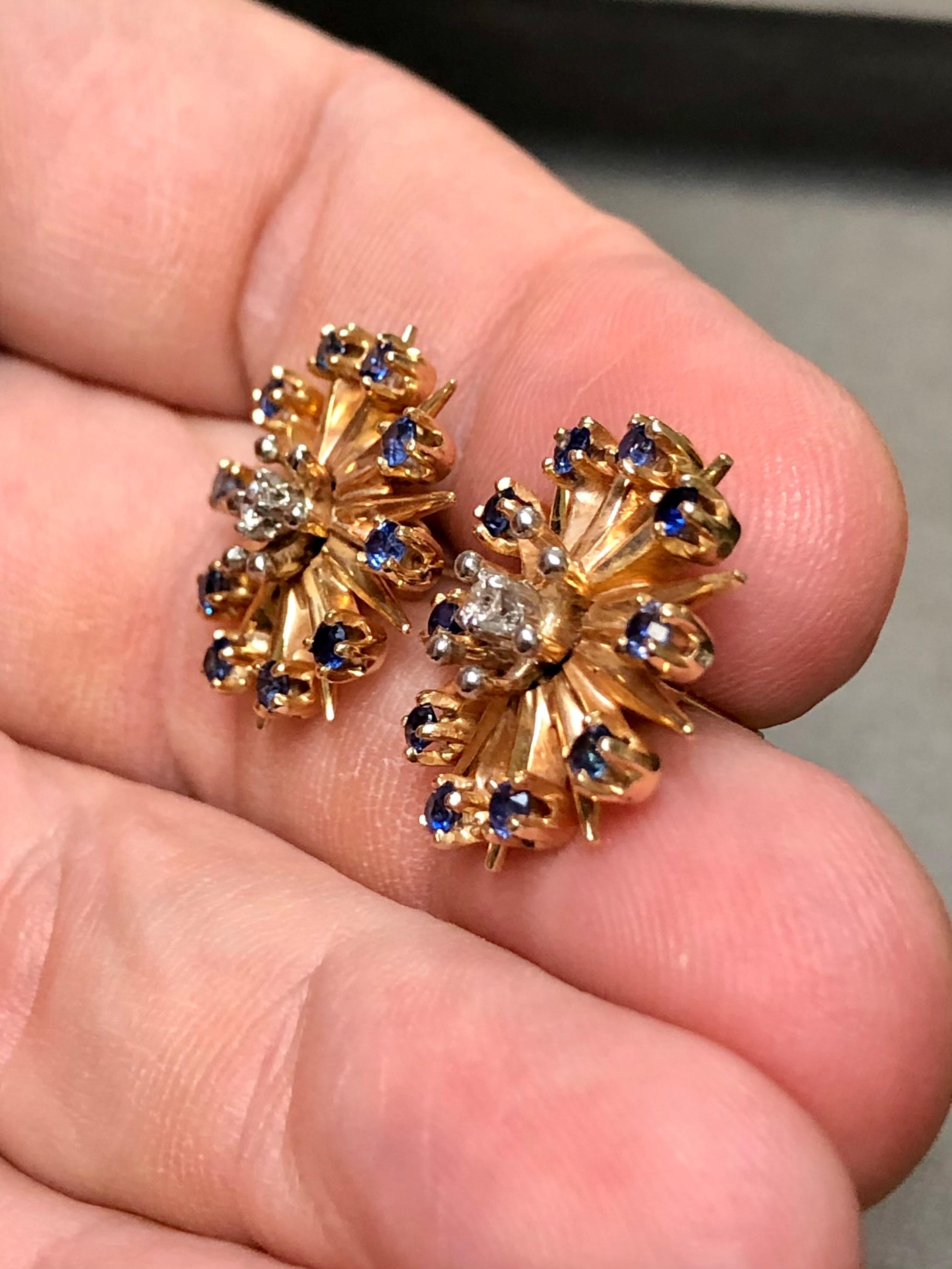 Round Cut Antique Art Deco 14K Diamond Sapphire Star Snowflake Earrings GIA NO HEAT