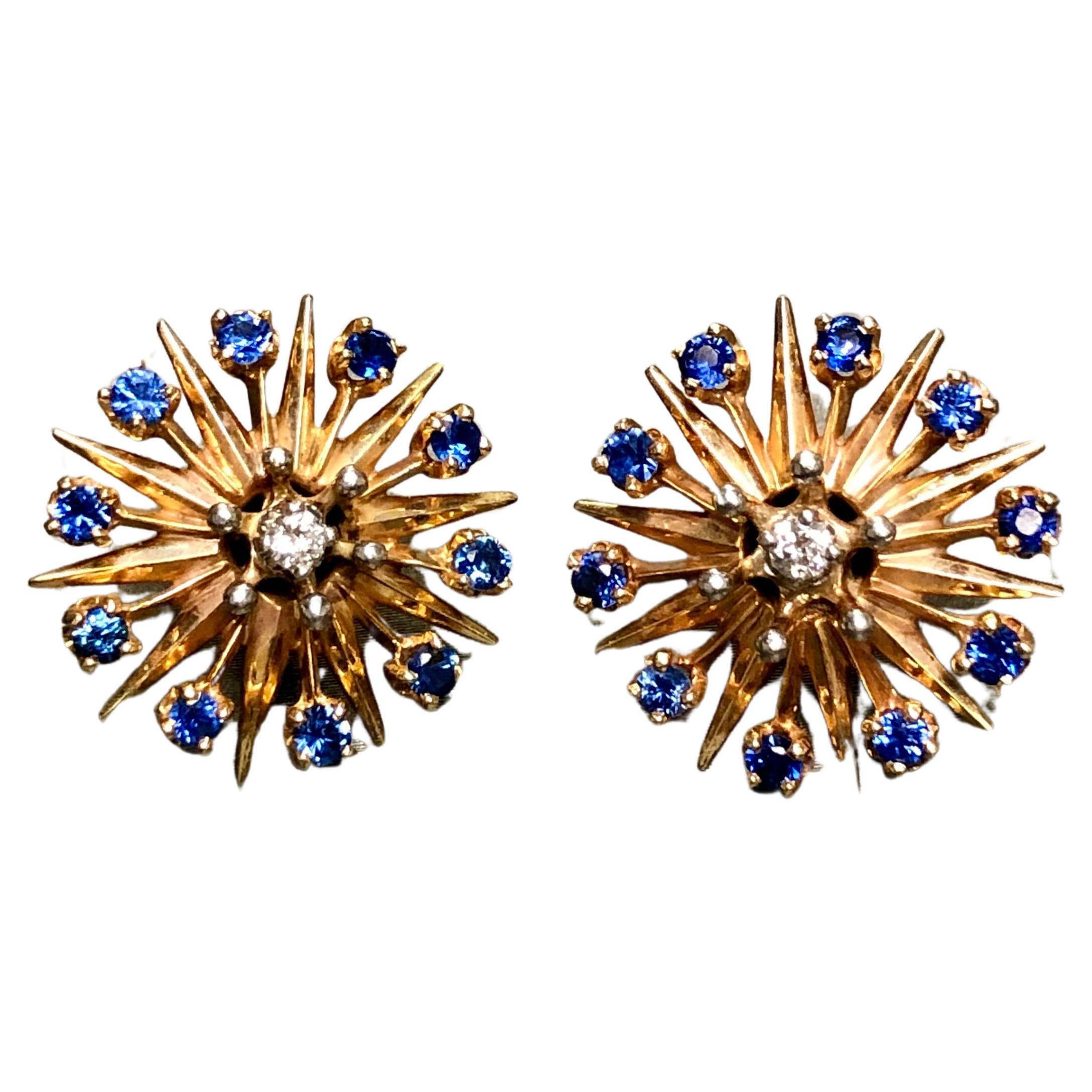 Antique Art Deco 14K Diamond Sapphire Star Snowflake Earrings GIA NO HEAT