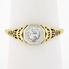 Antique Art Deco 14k Gold 0.17ctw European Diamond Open Filigree Engagement Ring