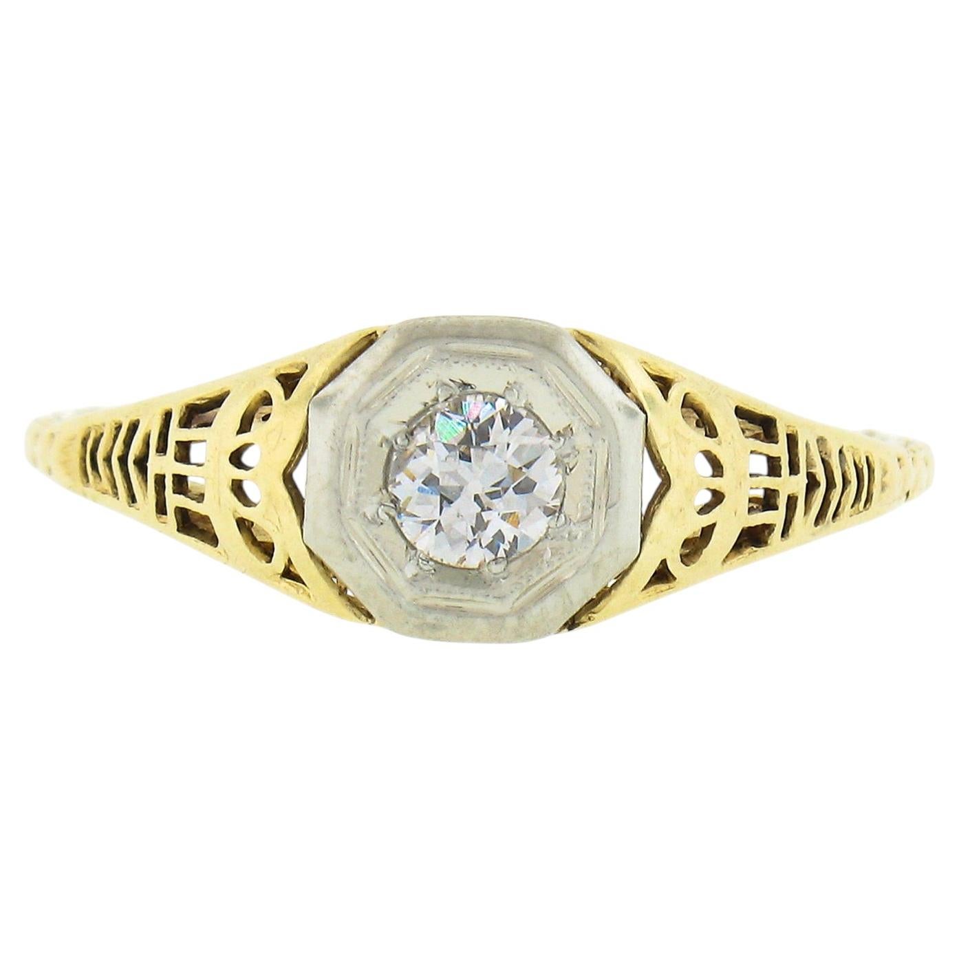 Antique Art Deco 14k Gold 0.17ctw European Diamond Open Filigree Engagement Ring