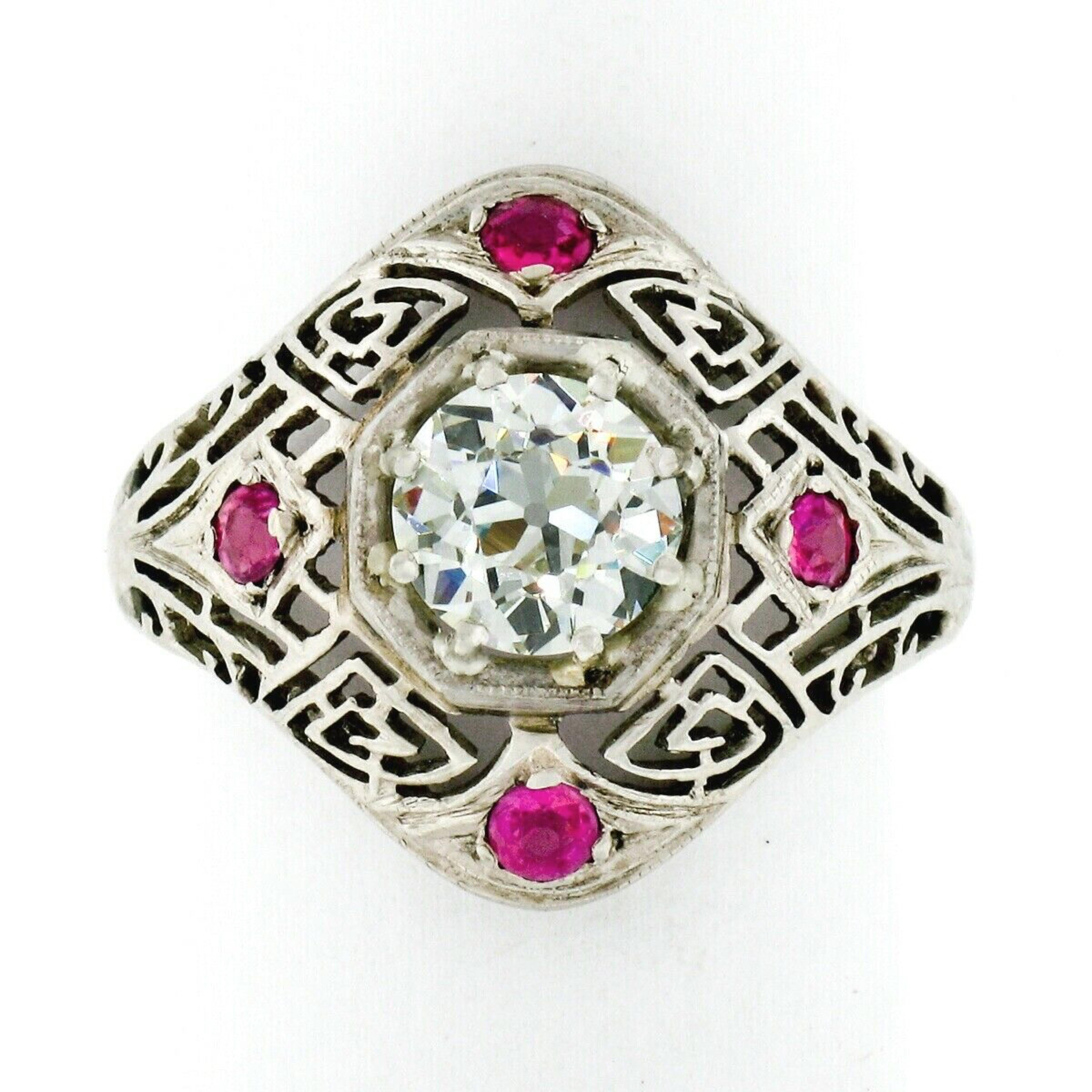 Old European Cut Antique Art Deco 14k Gold 1.01ct GIA Old European Diamond Open Engagement Ring For Sale