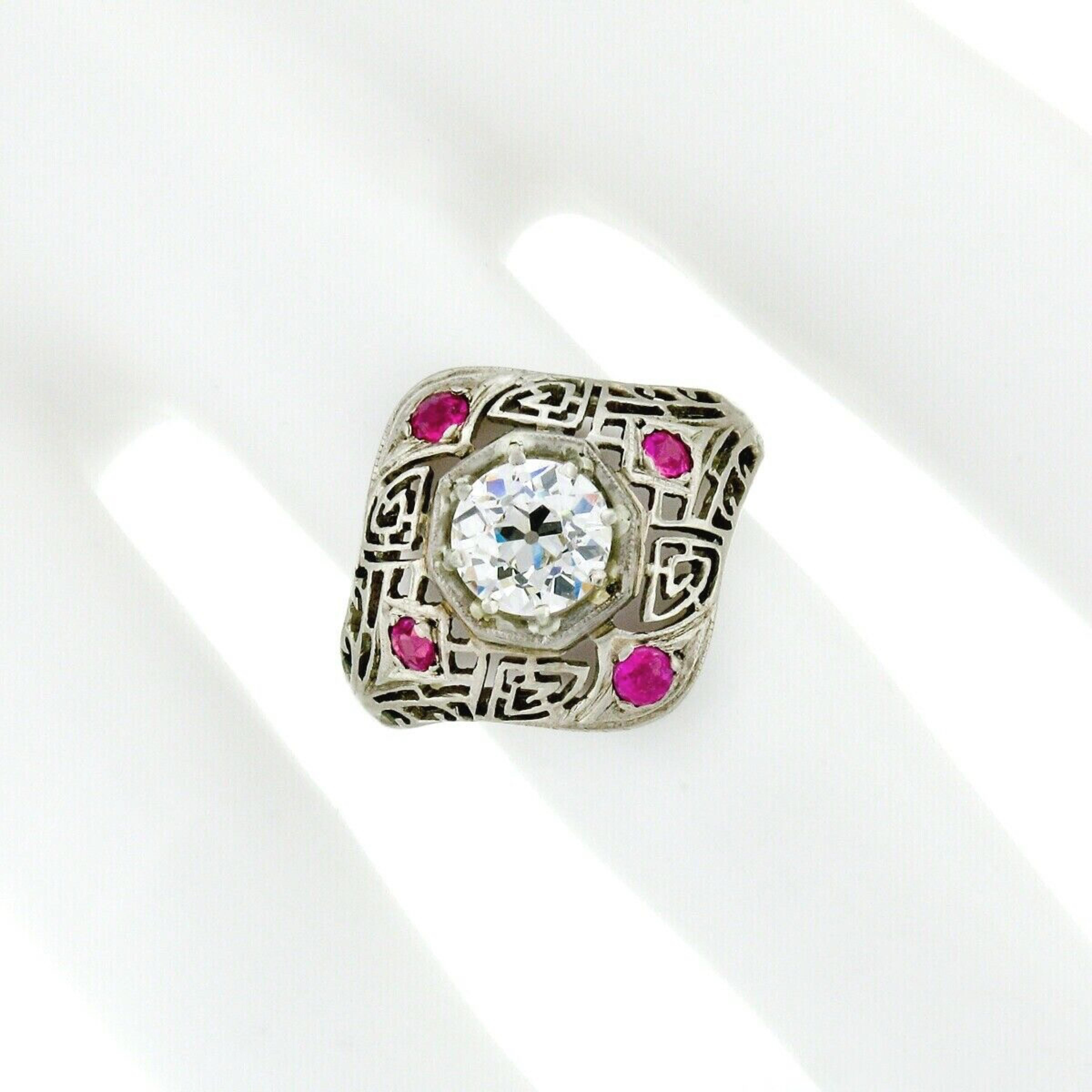 Women's or Men's Antique Art Deco 14k Gold 1.01ct GIA Old European Diamond Open Engagement Ring For Sale