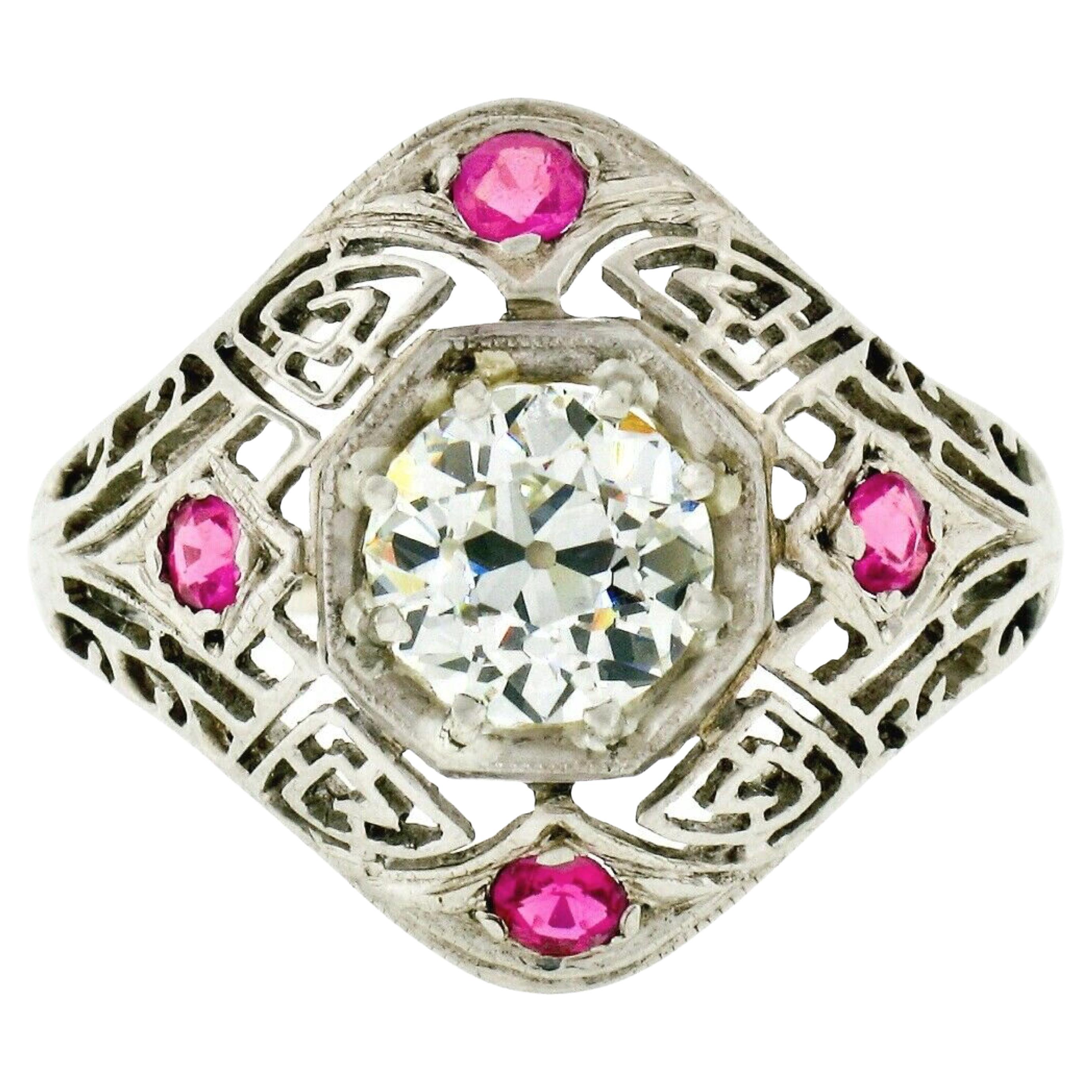 Bague de fiançailles de fiançailles Art déco ancienne en or 14 carats avec diamant ancien européen de 1,01 carat certifié par le GIA