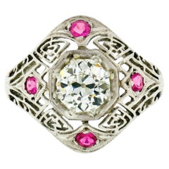Antique Art Deco 14k Gold 1.01ct GIA Old European Diamond Open Engagement Ring