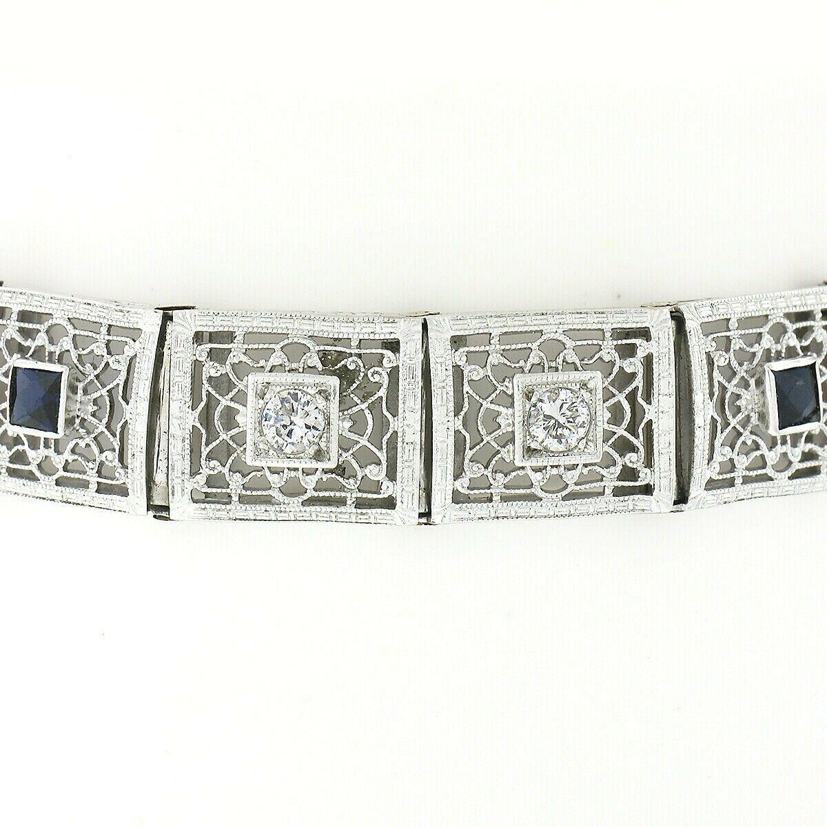 Old European Cut Antique Art Deco 14k Gold 1.0ct European Diamond Sapphire Wide Filigree Bracelet