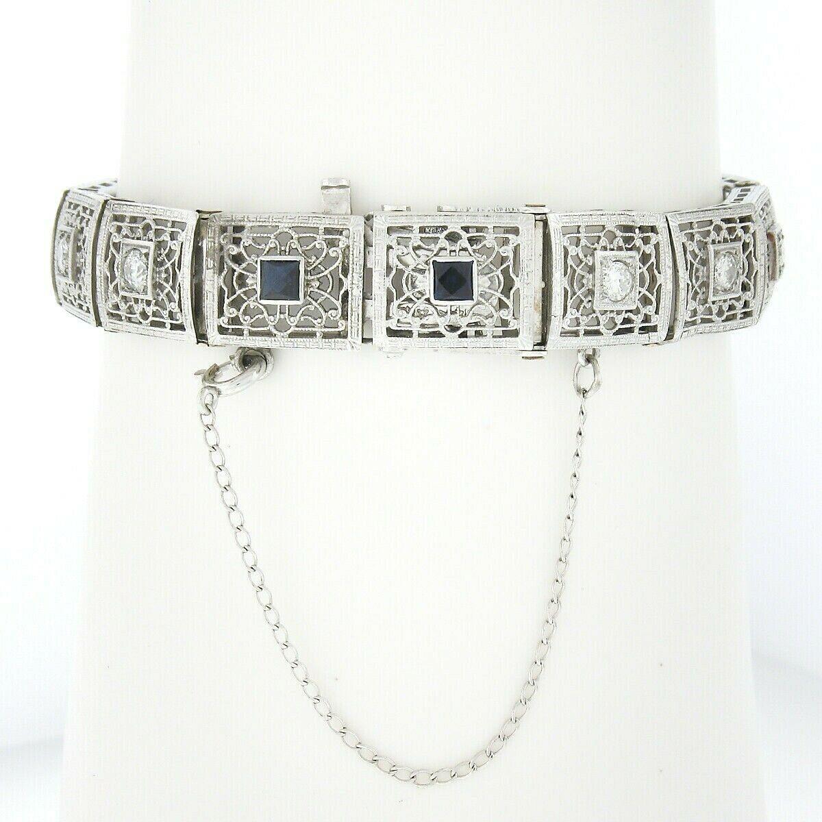 Antique Art Deco 14k Gold 1.0ct European Diamond Sapphire Wide Filigree Bracelet In Good Condition In Montclair, NJ