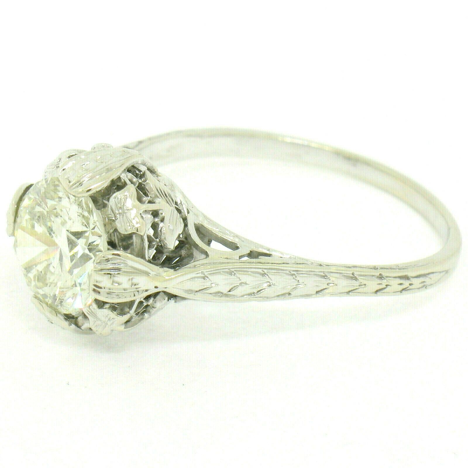 Women's Antique Art Deco 14k Gold 1.75 Diamond Solitaire Etched Filigree Engagement Ring