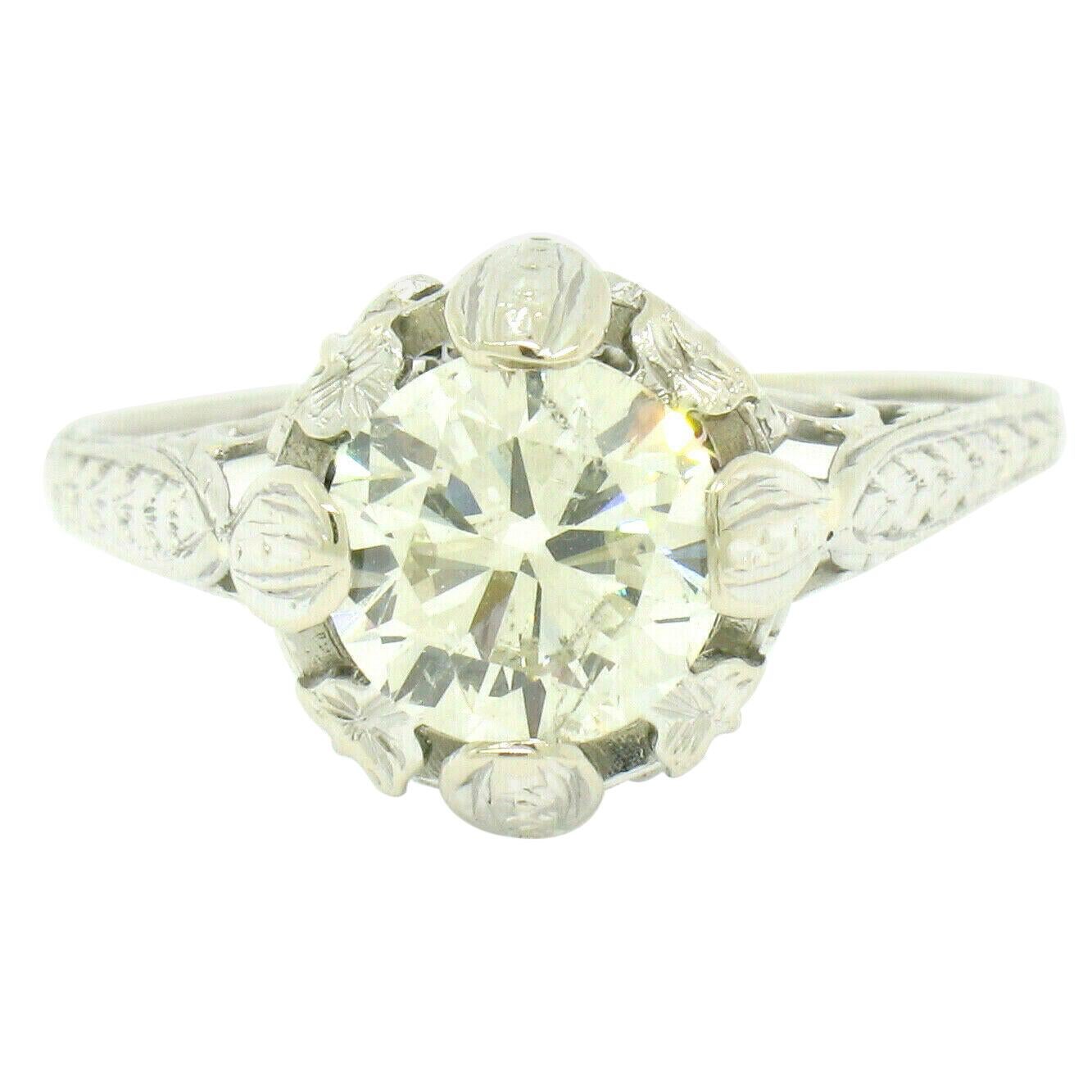 Antique Art Deco 14k Gold 1.75 Diamond Solitaire Etched Filigree Engagement Ring